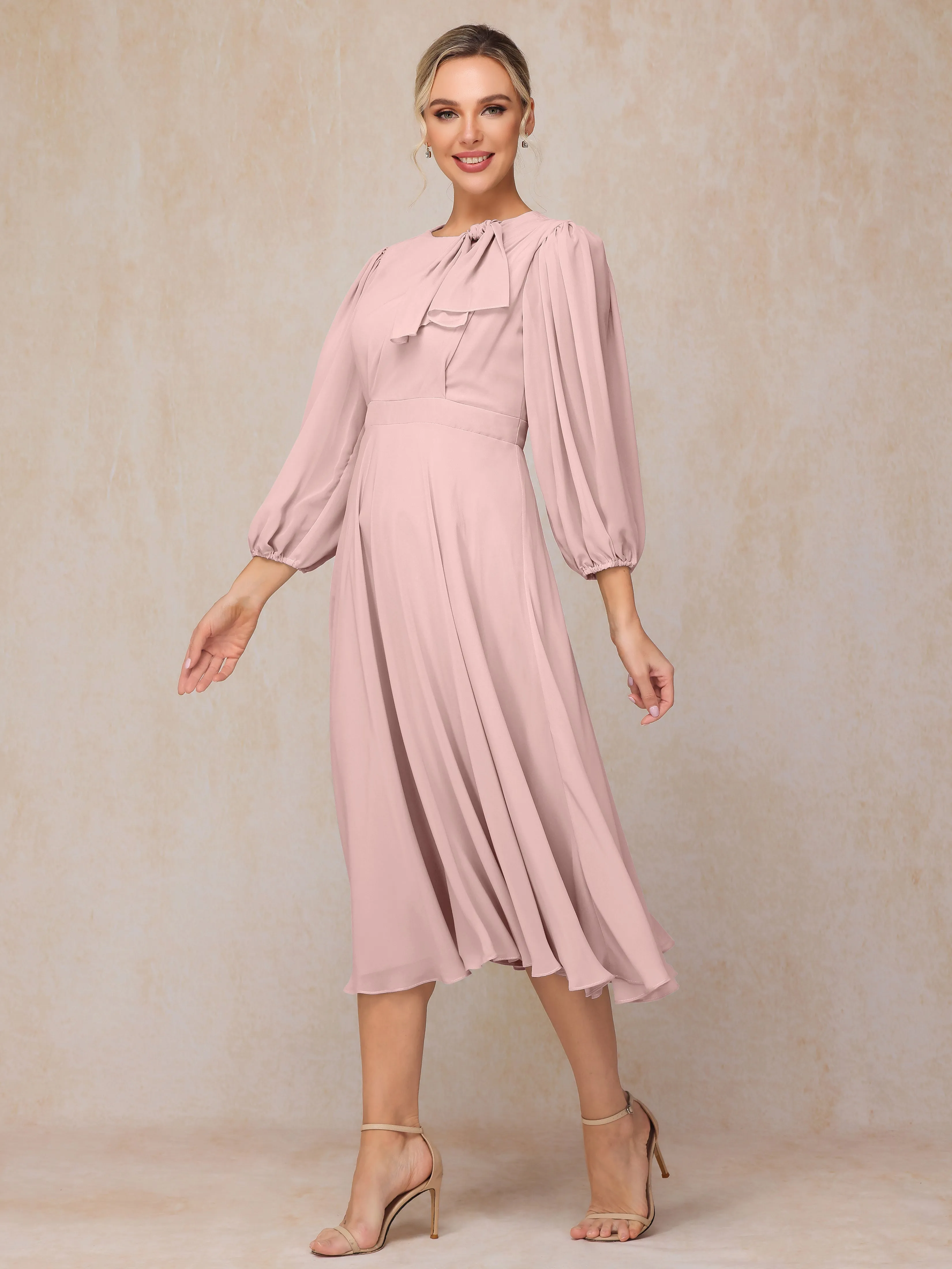 A-Line Long Sleeves Tea-Length Chiffon Mother of the Bride Dress