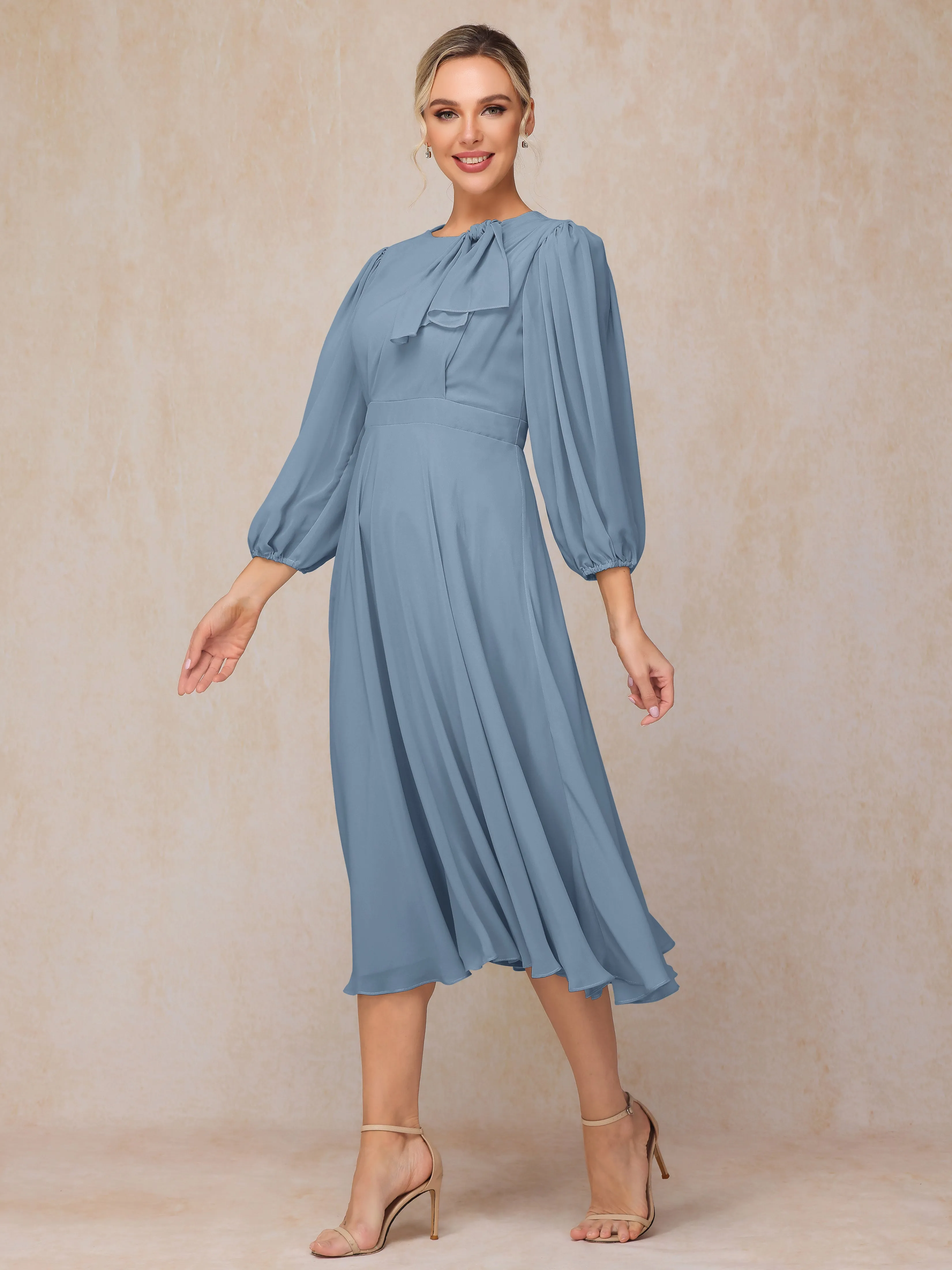 A-Line Long Sleeves Tea-Length Chiffon Mother of the Bride Dress