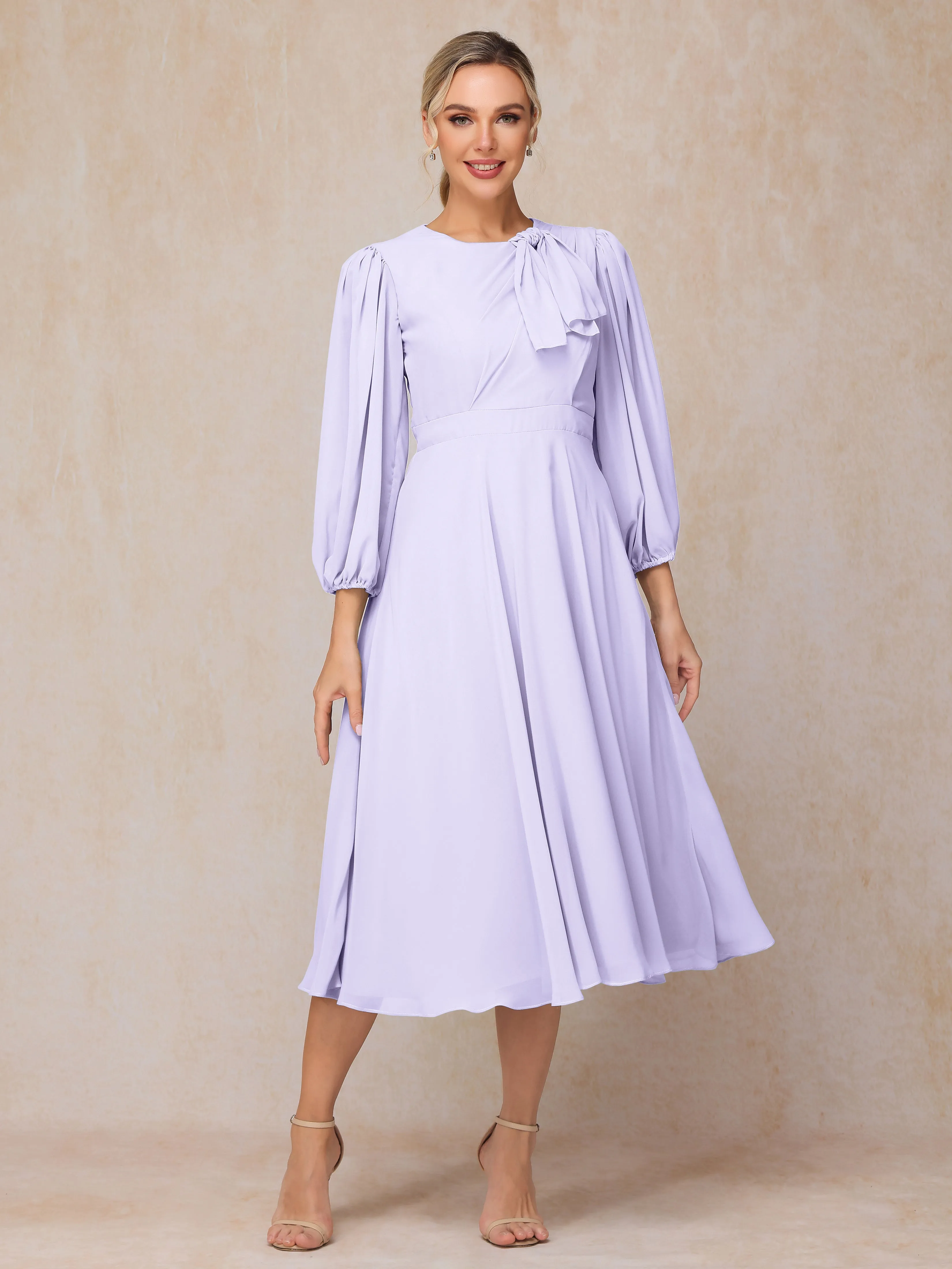 A-Line Long Sleeves Tea-Length Chiffon Mother of the Bride Dress