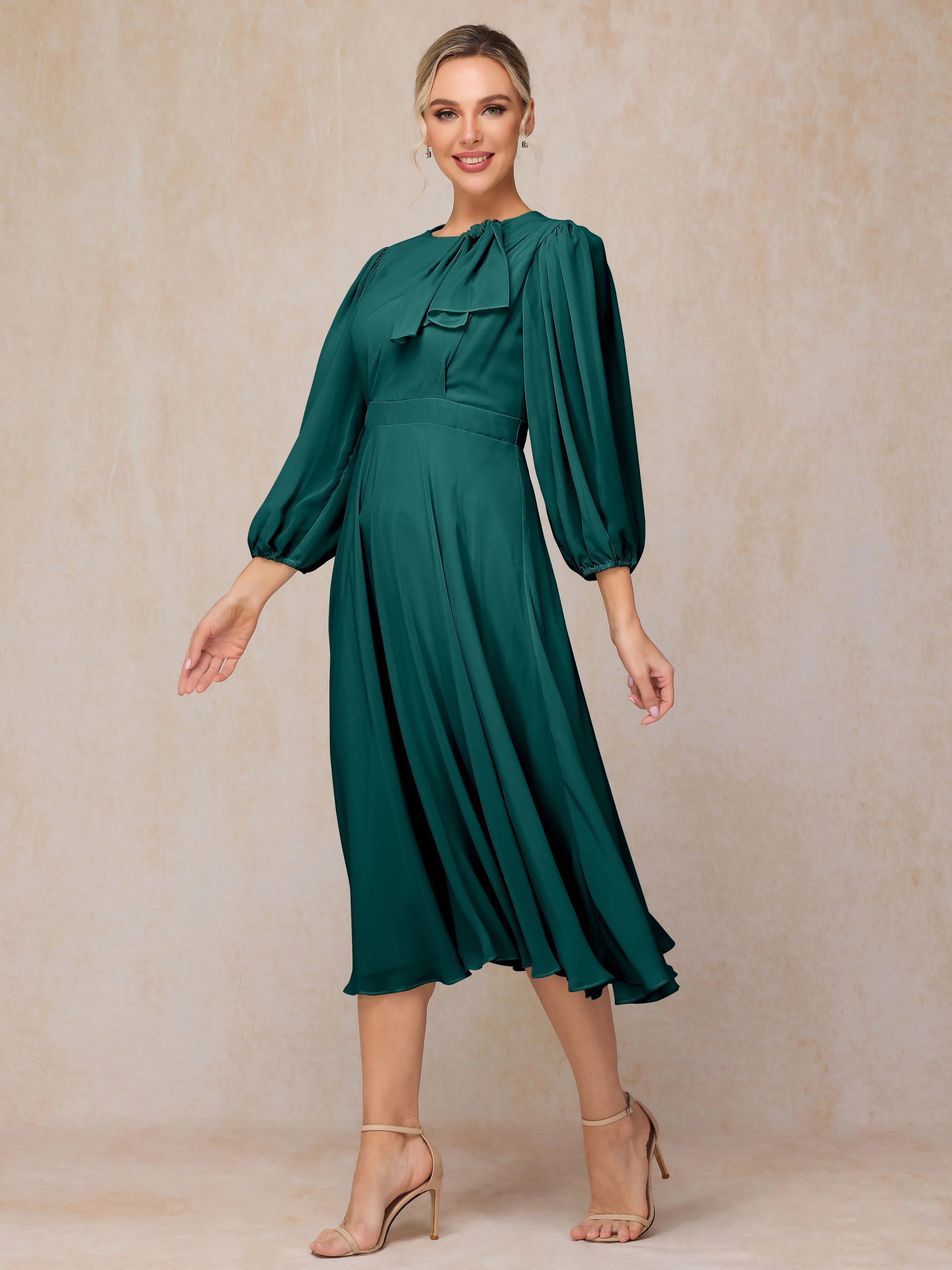 A-Line Long Sleeves Tea-Length Chiffon Mother of the Bride Dress