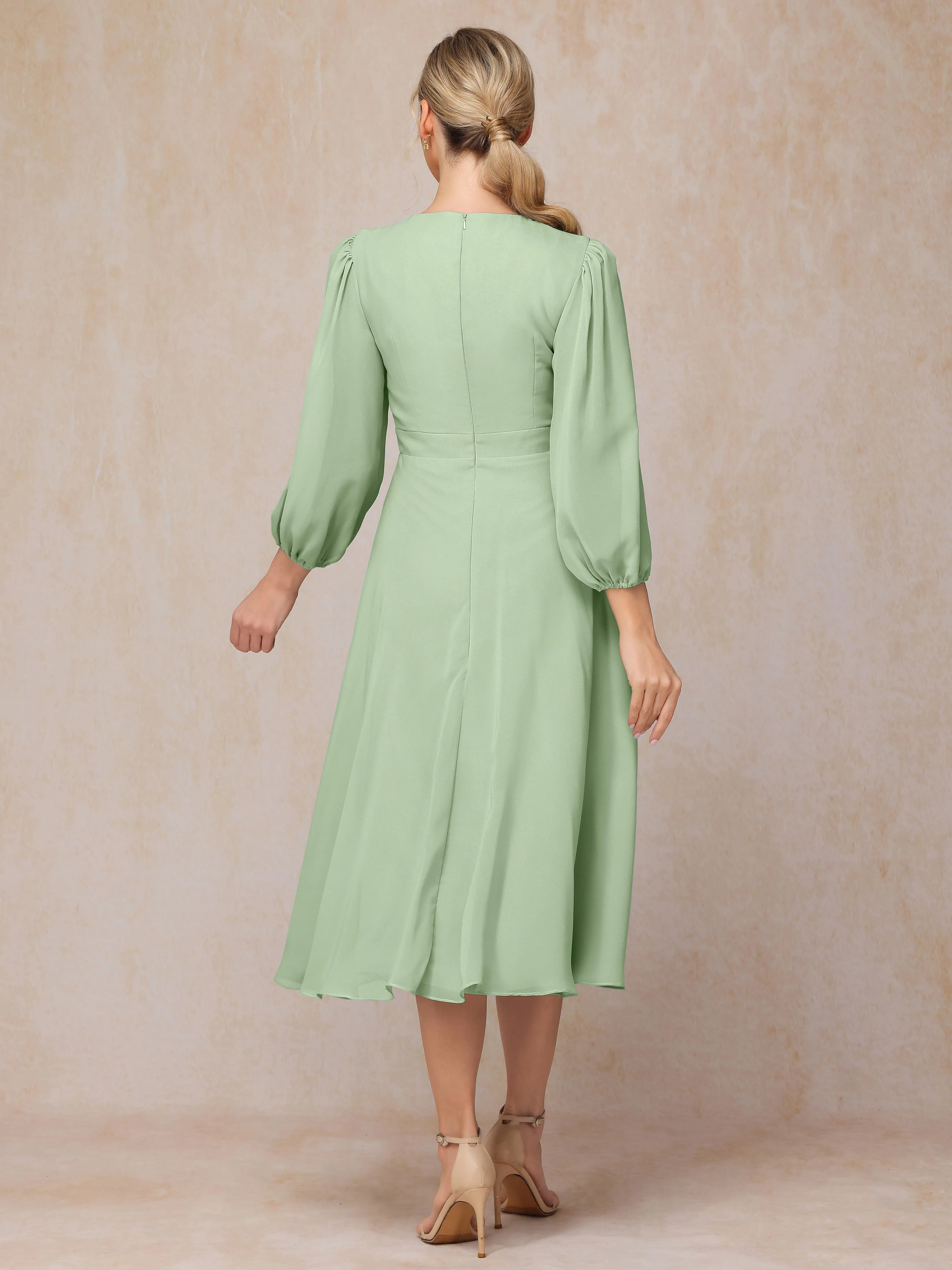 A-Line Long Sleeves Tea-Length Chiffon Mother of the Bride Dress