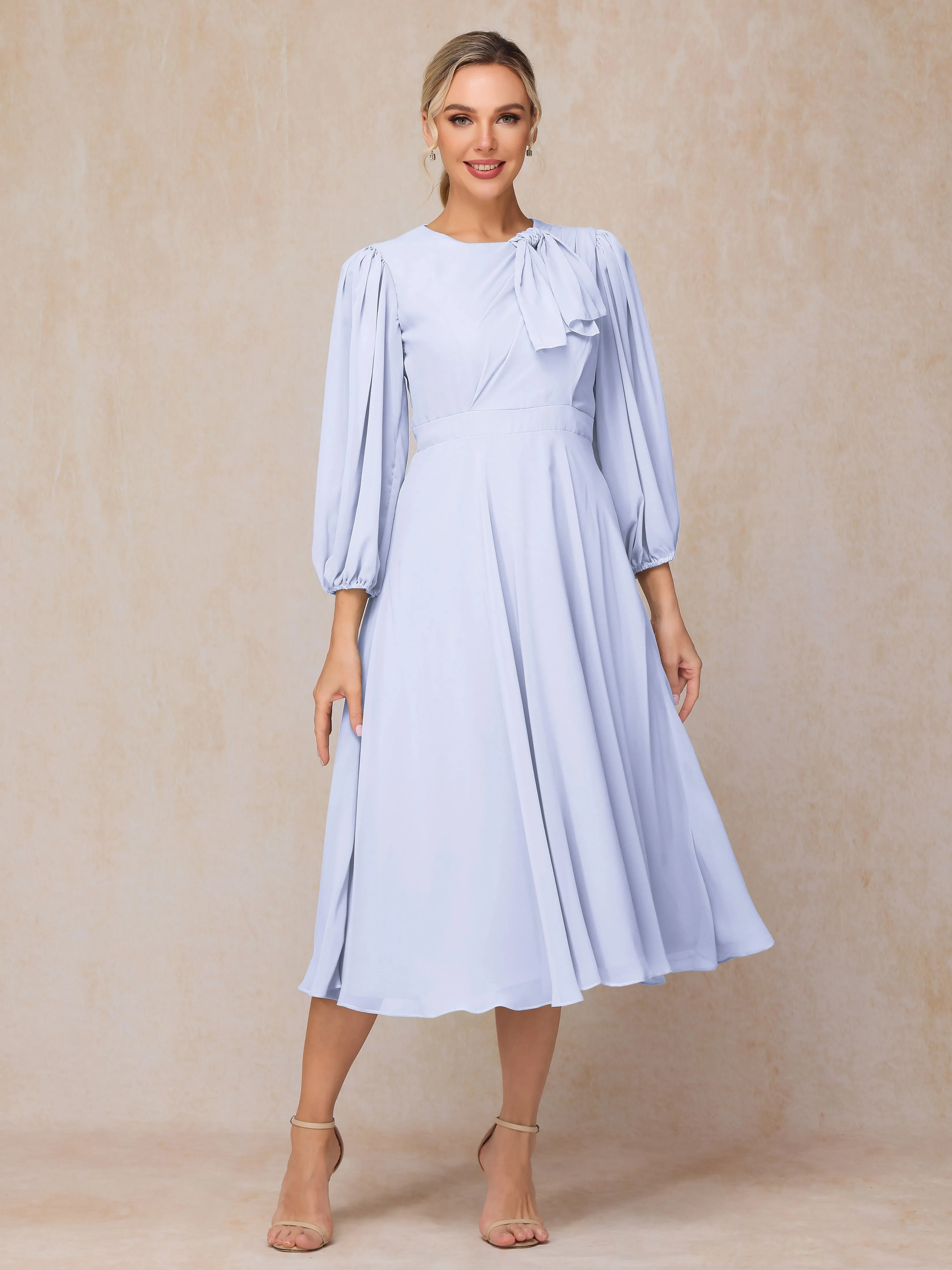 A-Line Long Sleeves Tea-Length Chiffon Mother of the Bride Dress