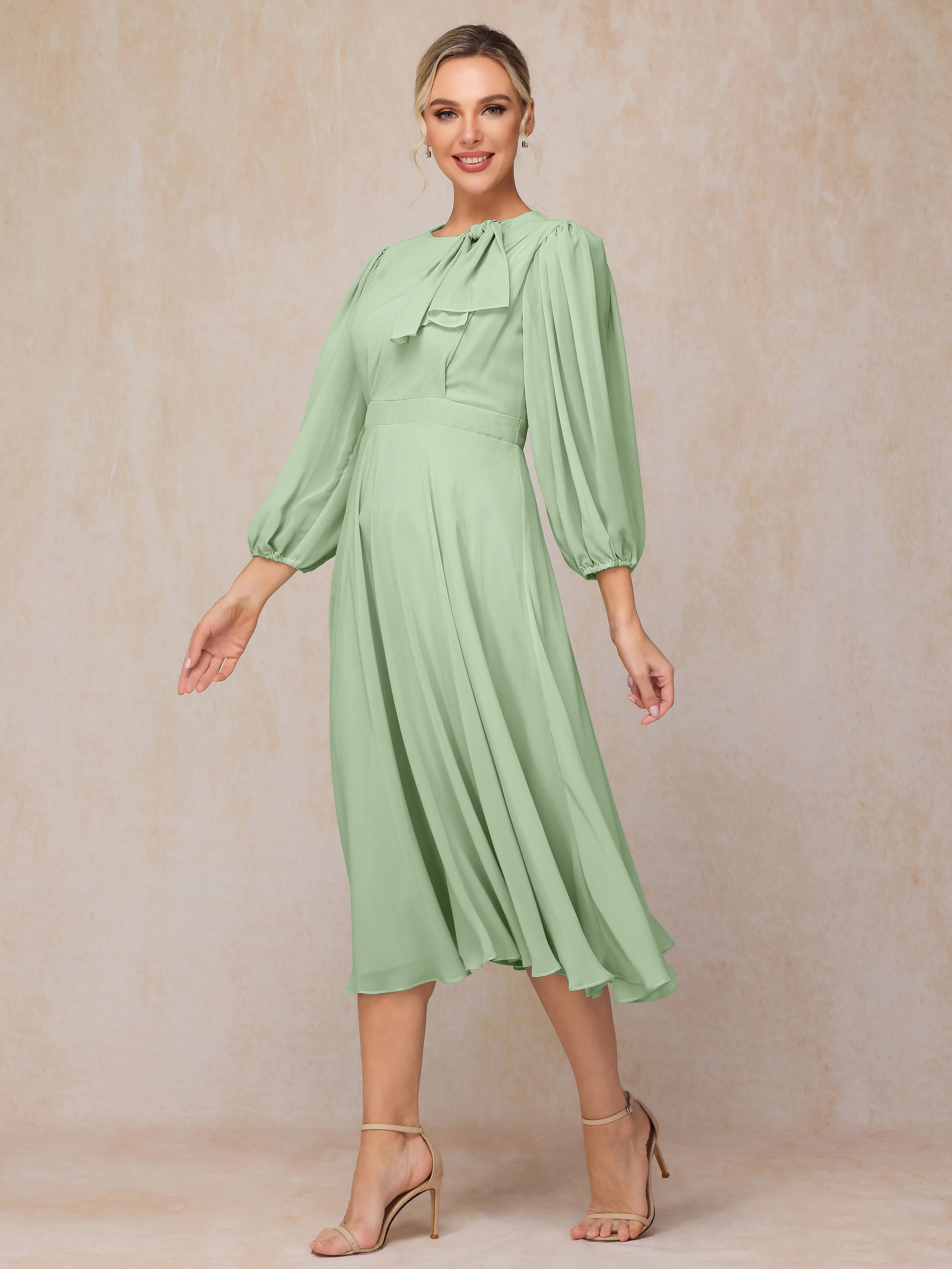 A-Line Long Sleeves Tea-Length Chiffon Mother of the Bride Dress