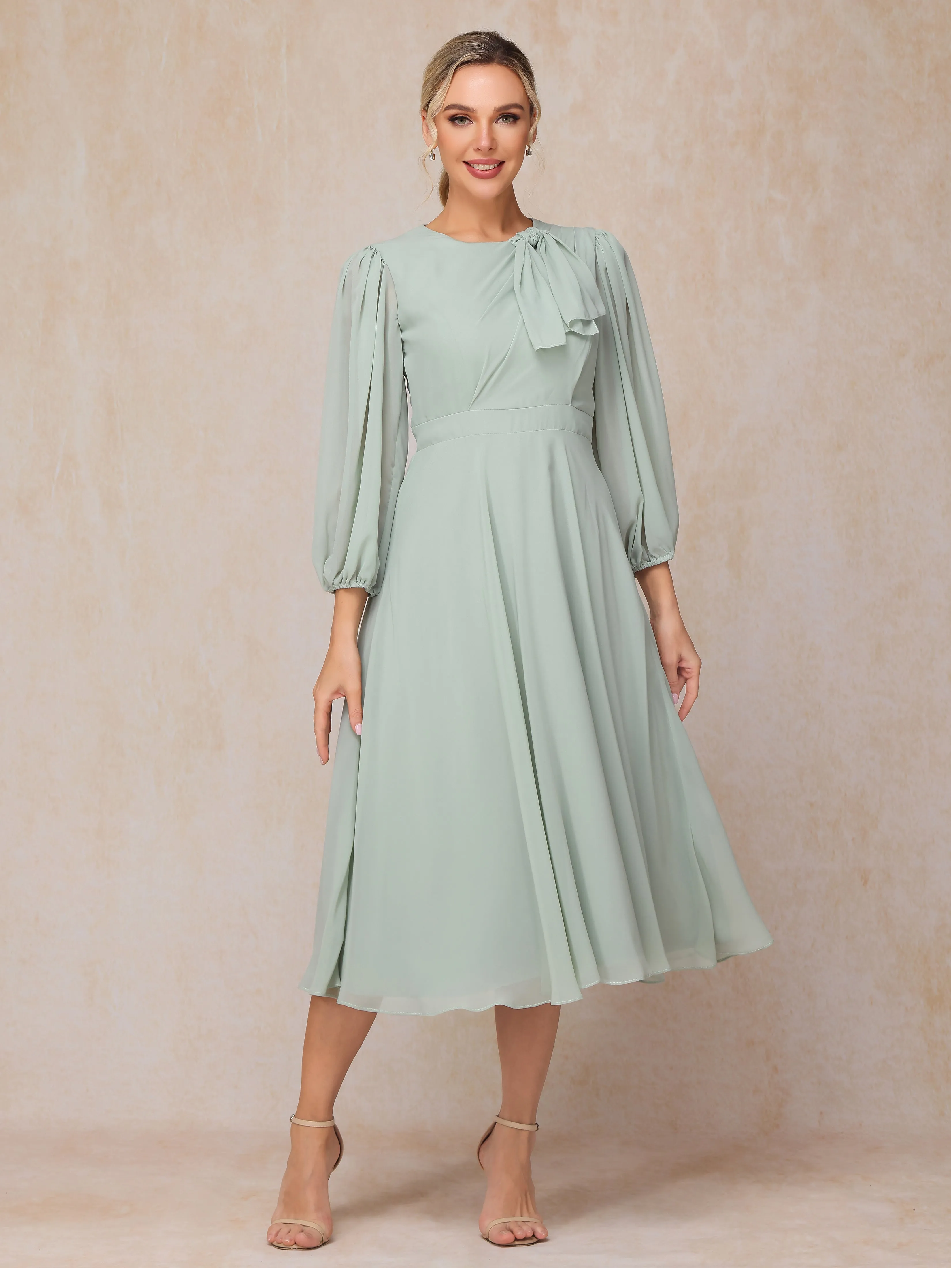 A-Line Long Sleeves Tea-Length Chiffon Mother of the Bride Dress