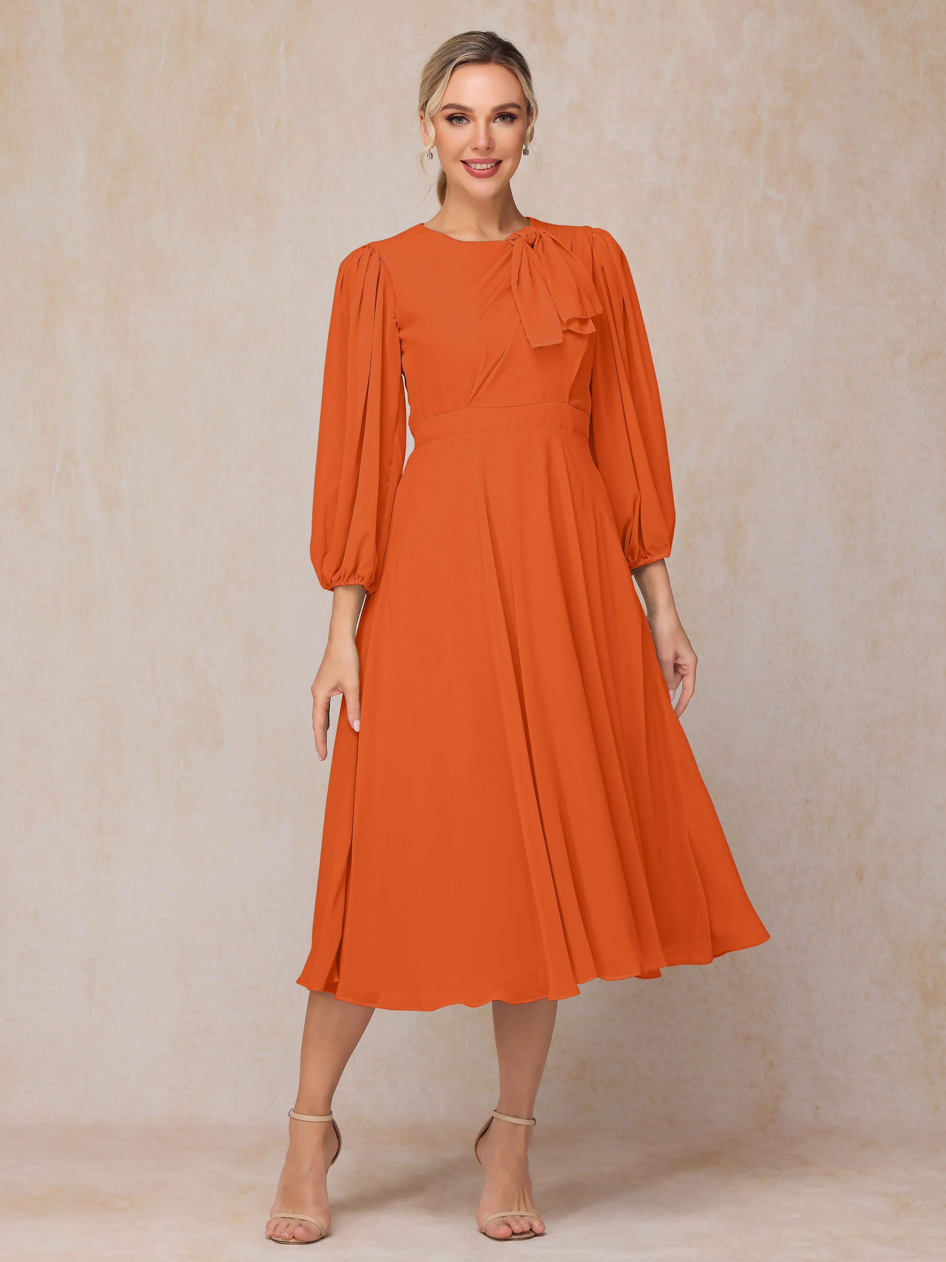 A-Line Long Sleeves Tea-Length Chiffon Mother of the Bride Dress