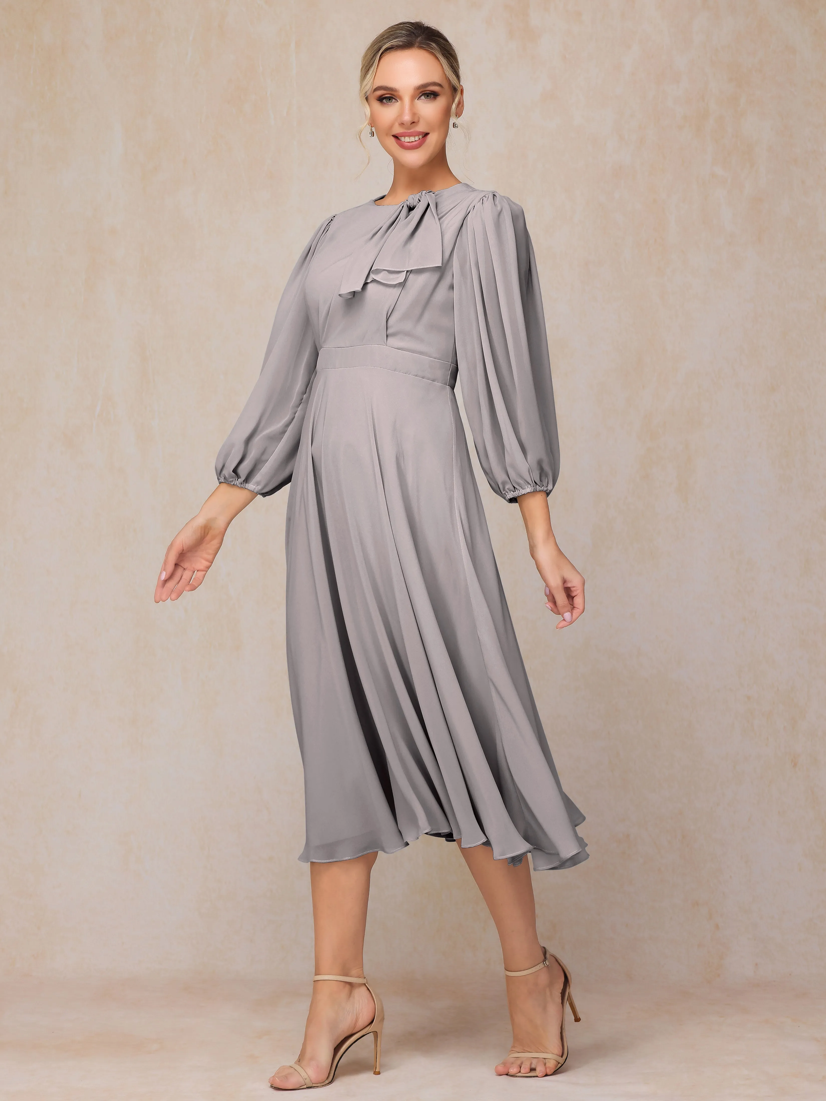 A-Line Long Sleeves Tea-Length Chiffon Mother of the Bride Dress