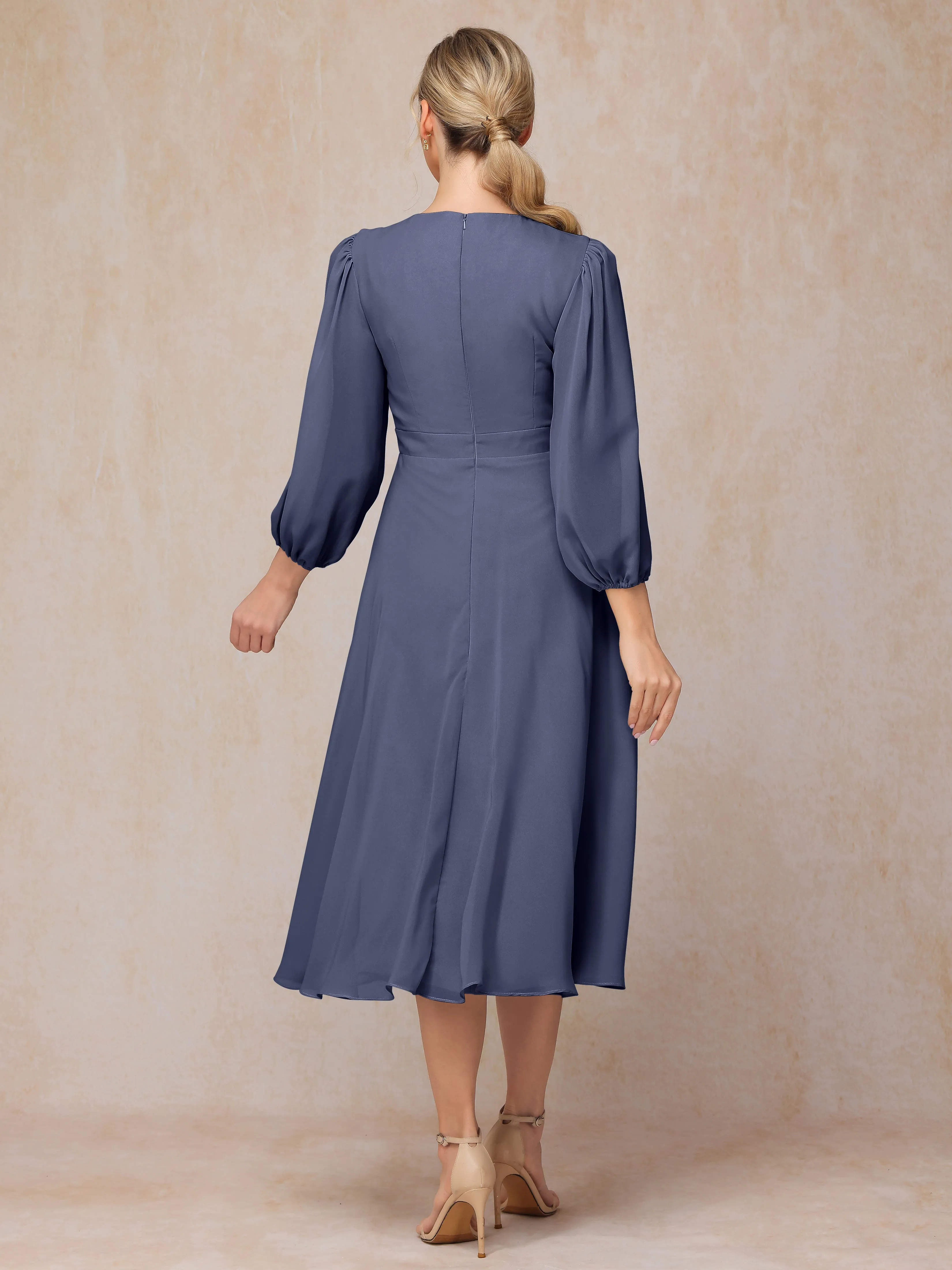 A-Line Long Sleeves Tea-Length Chiffon Mother of the Bride Dress