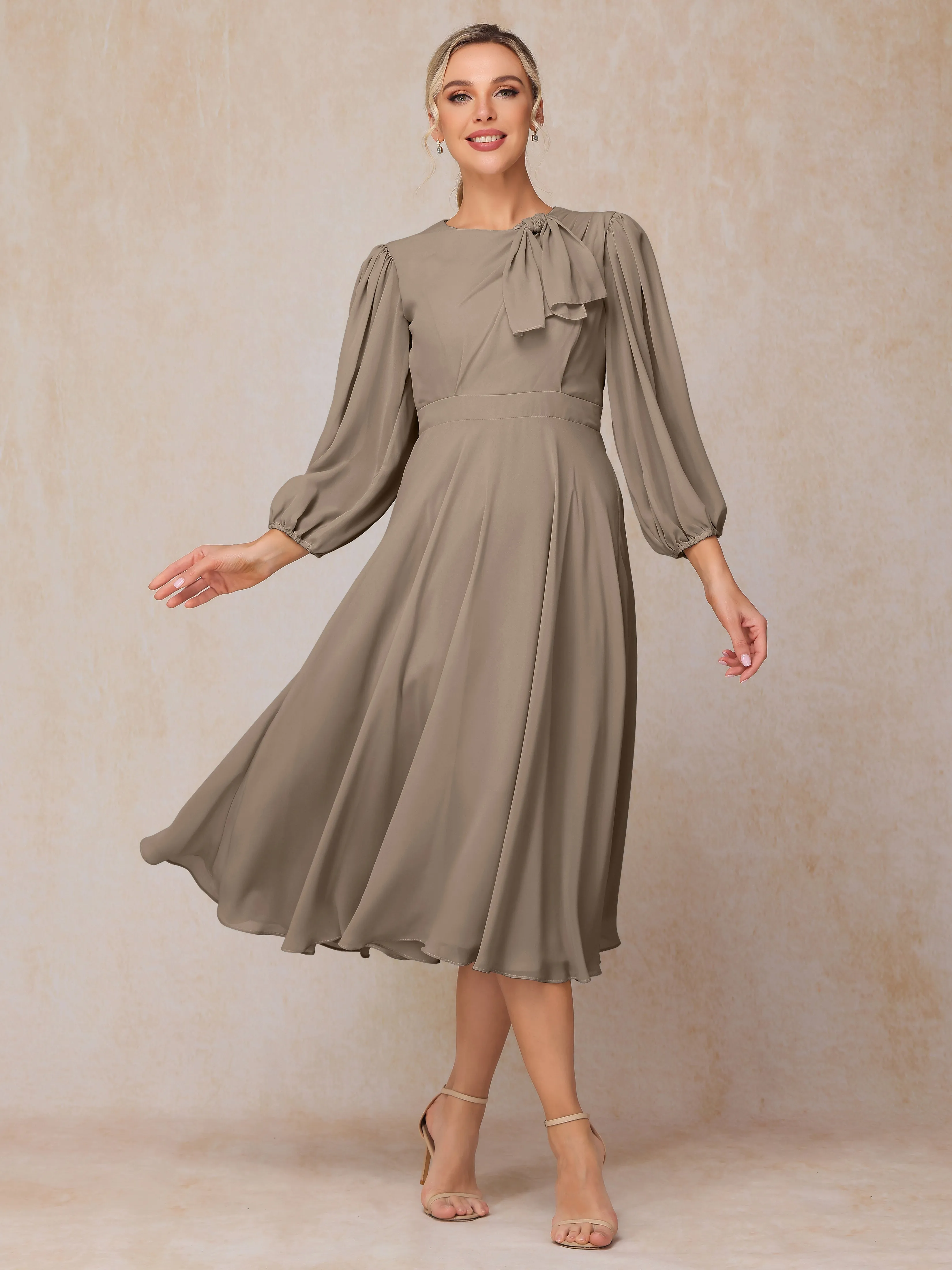 A-Line Long Sleeves Tea-Length Chiffon Mother of the Bride Dress