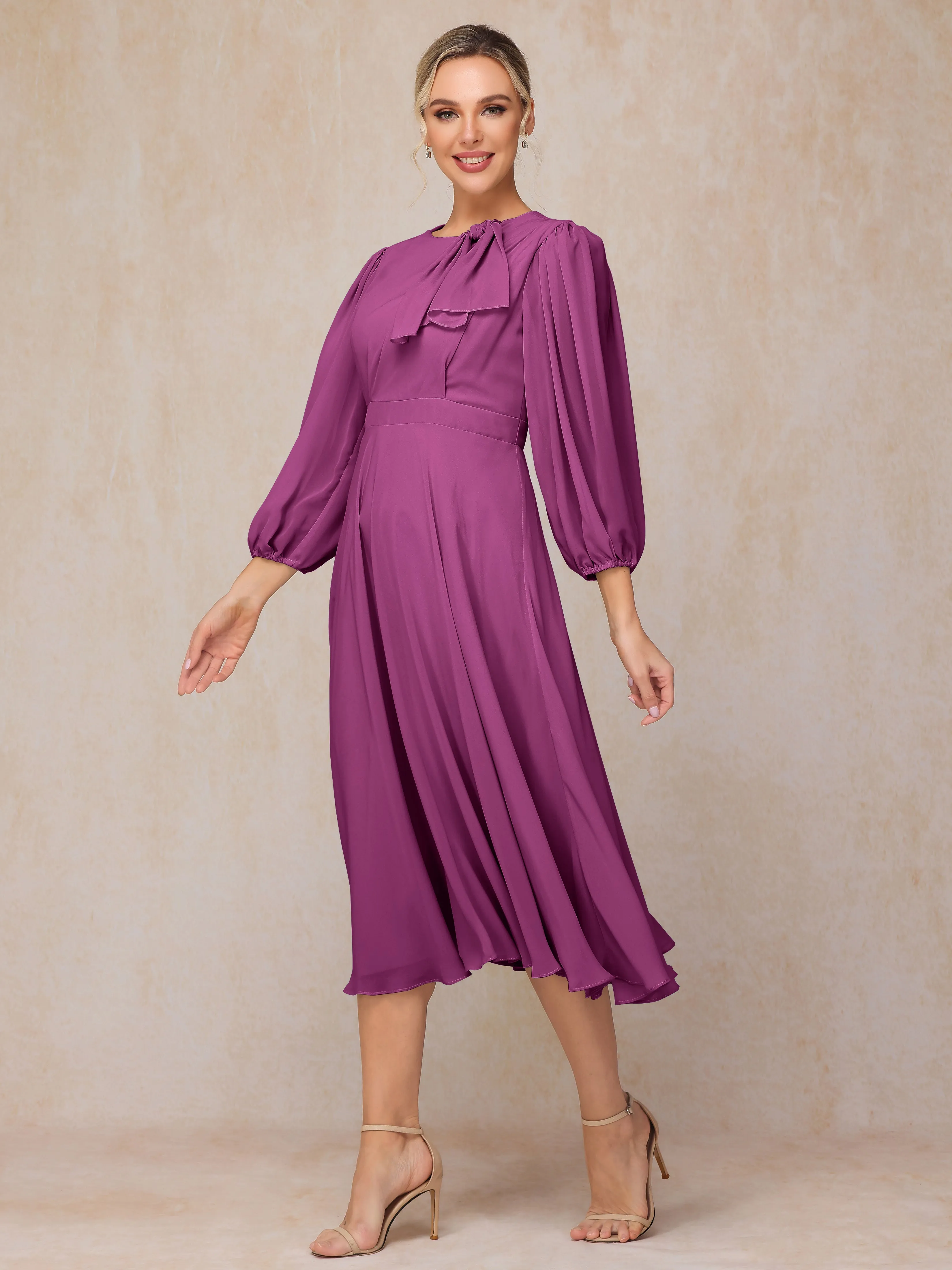 A-Line Long Sleeves Tea-Length Chiffon Mother of the Bride Dress