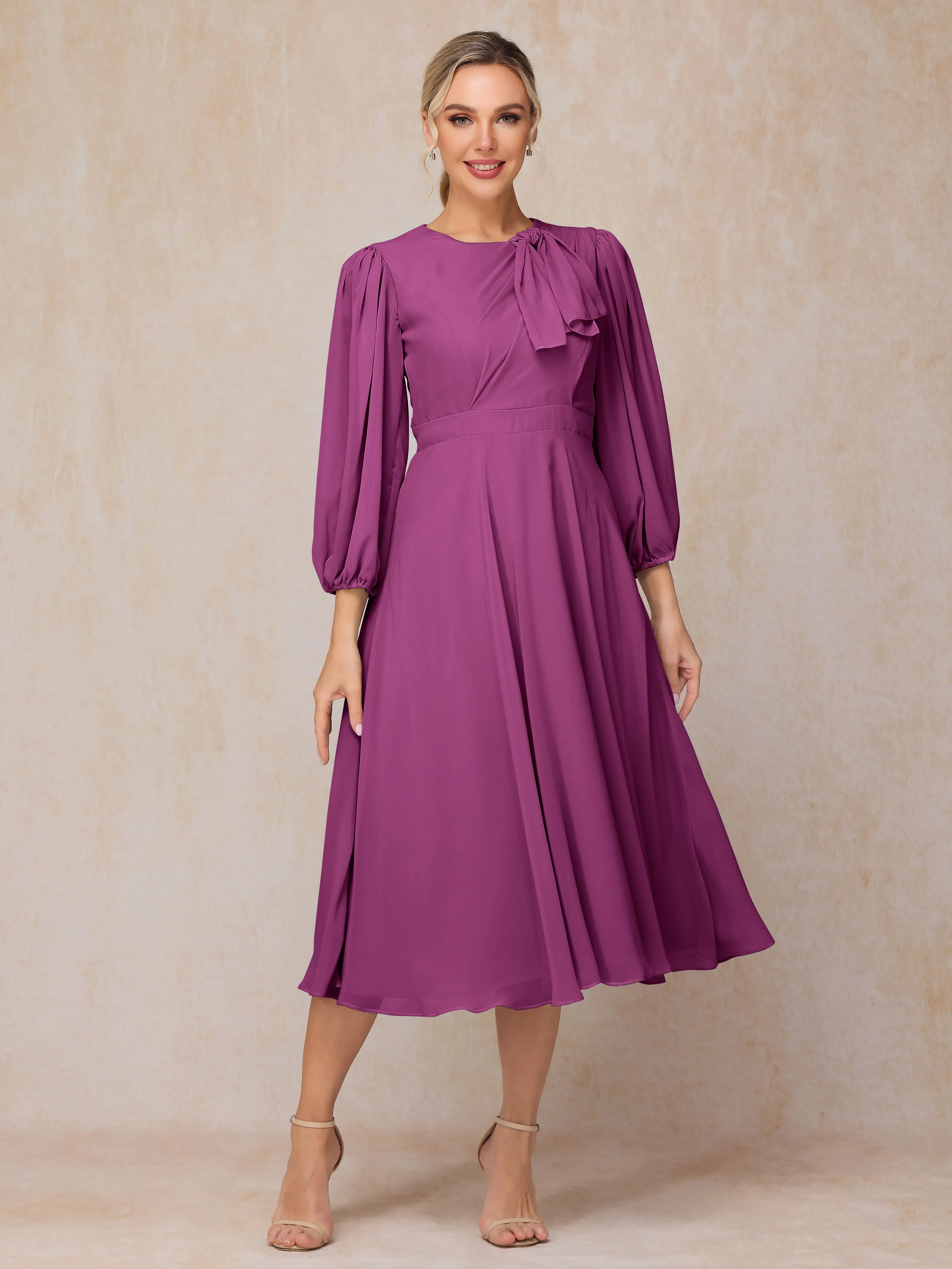 A-Line Long Sleeves Tea-Length Chiffon Mother of the Bride Dress