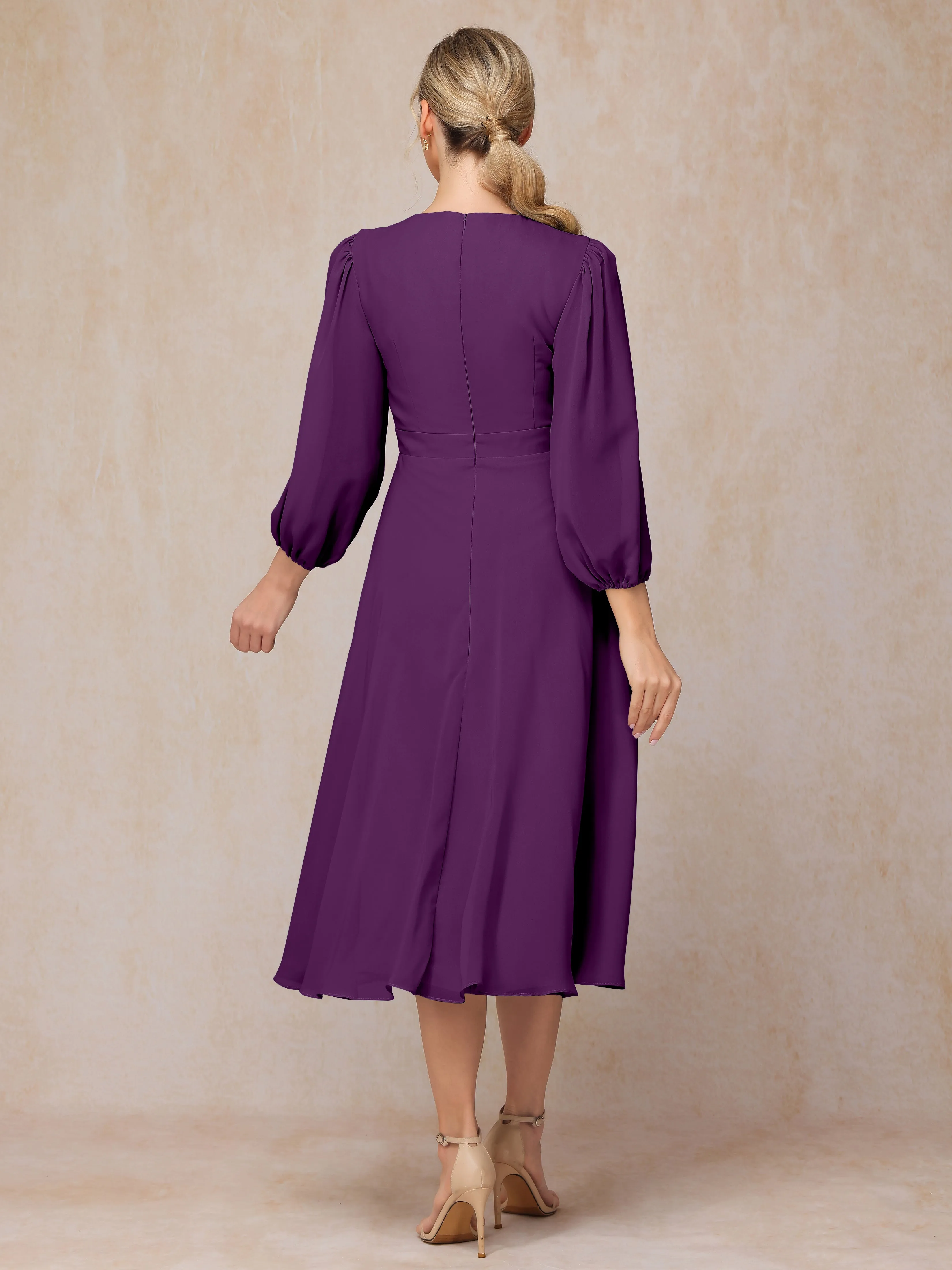 A-Line Long Sleeves Tea-Length Chiffon Mother of the Bride Dress