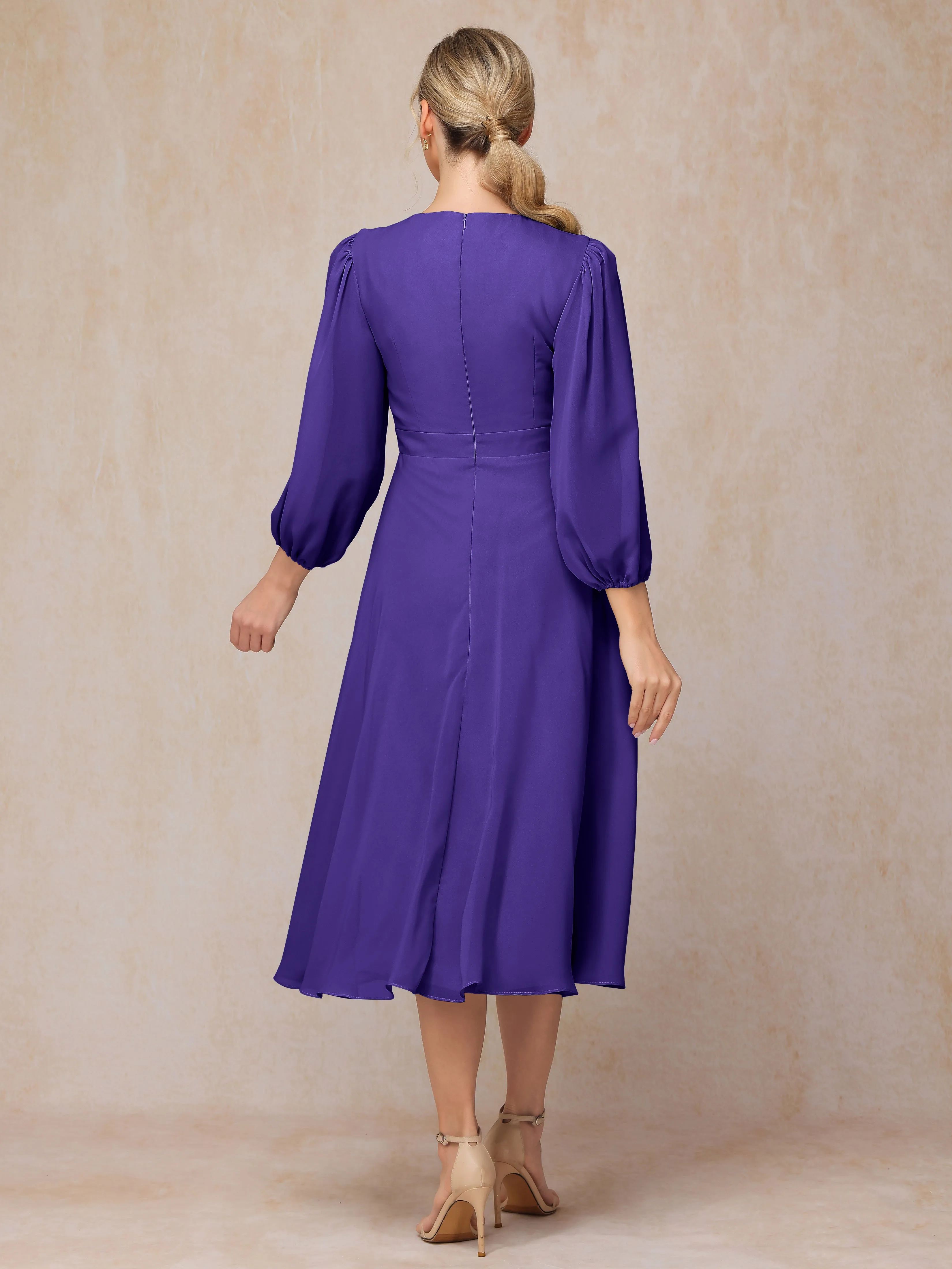 A-Line Long Sleeves Tea-Length Chiffon Mother of the Bride Dress