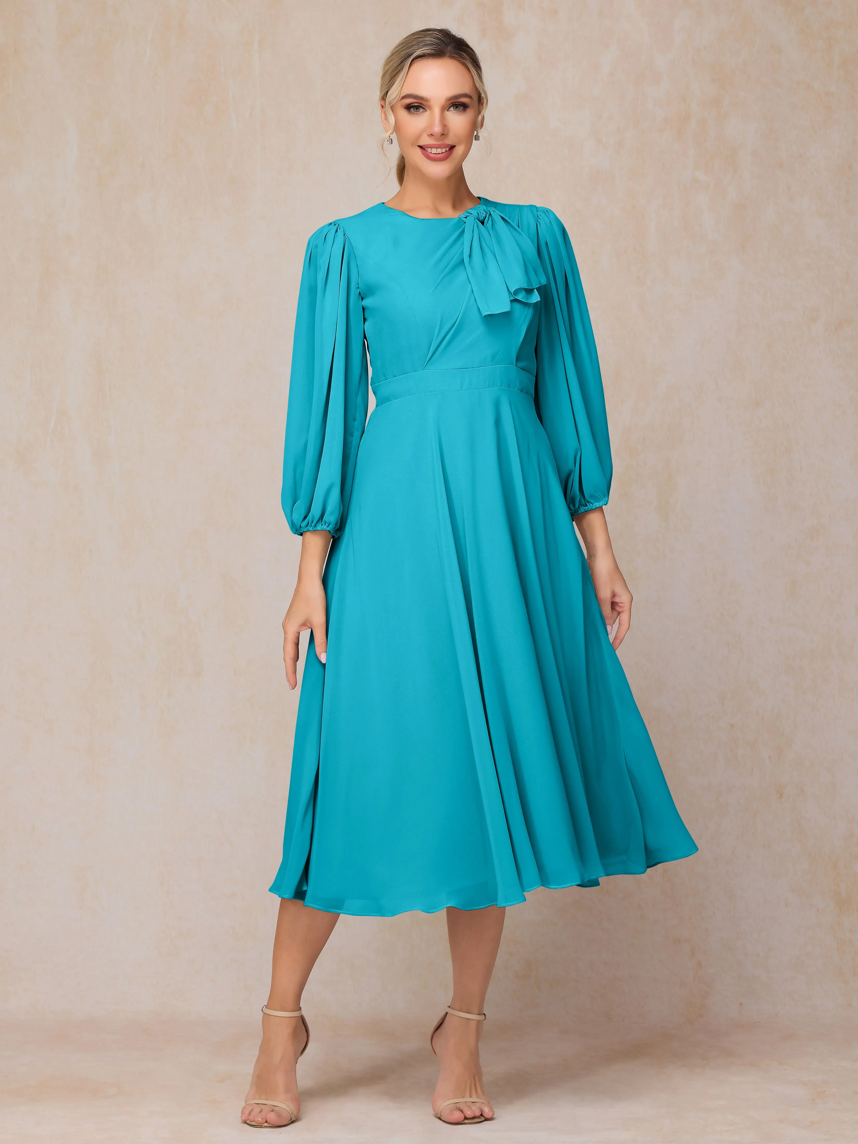 A-Line Long Sleeves Tea-Length Chiffon Mother of the Bride Dress