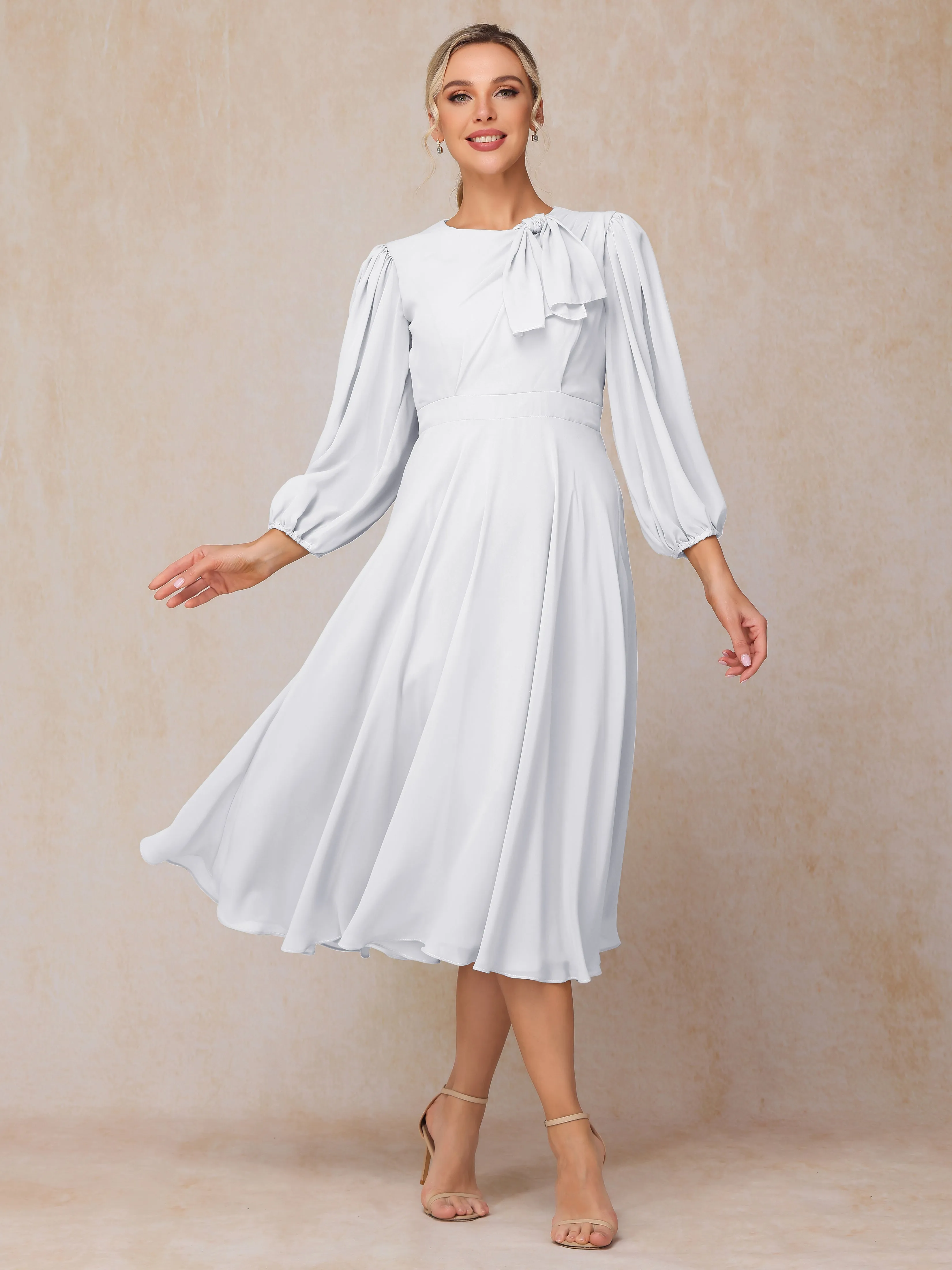 A-Line Long Sleeves Tea-Length Chiffon Mother of the Bride Dress