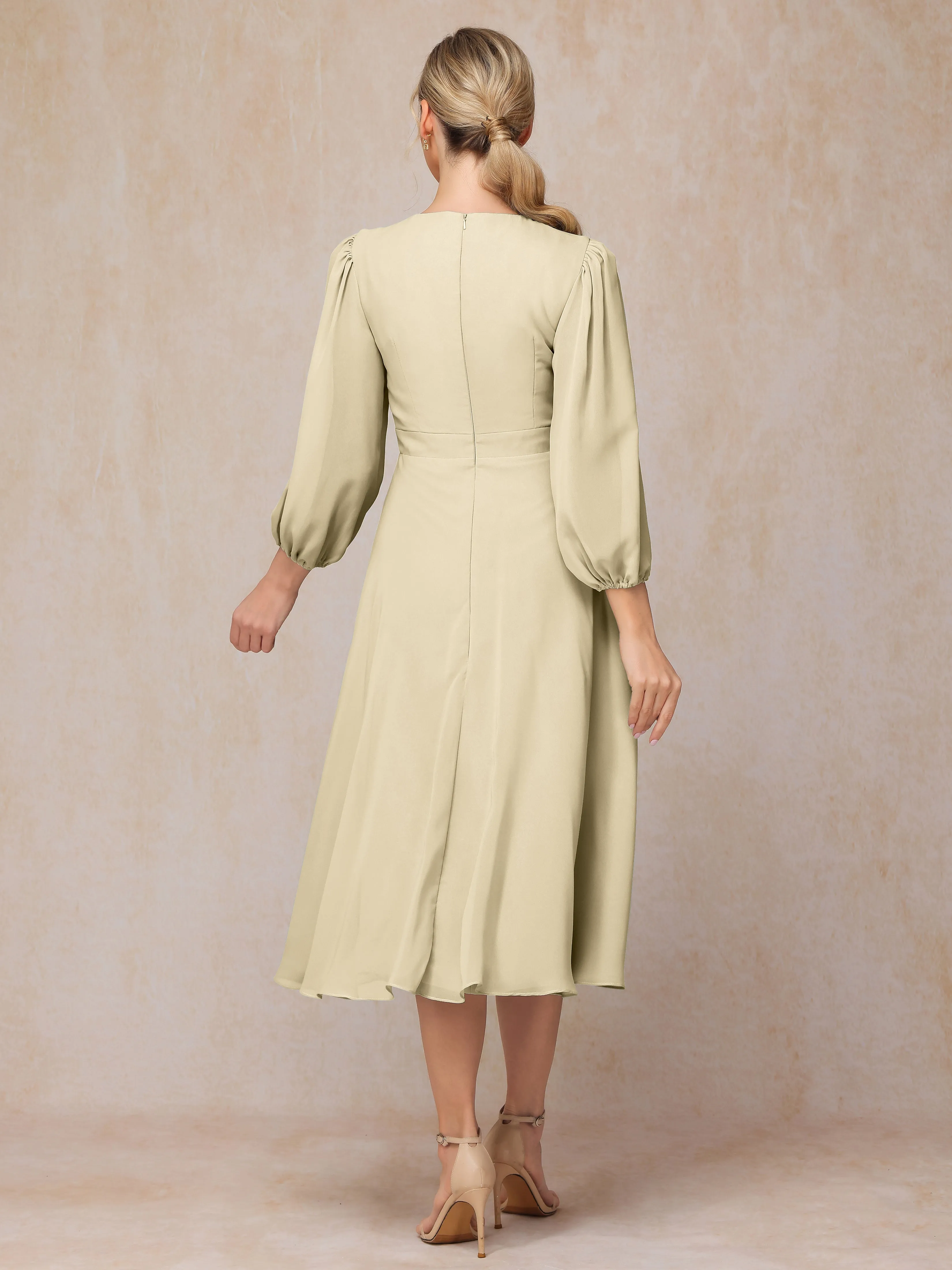 A-Line Long Sleeves Tea-Length Chiffon Mother of the Bride Dress