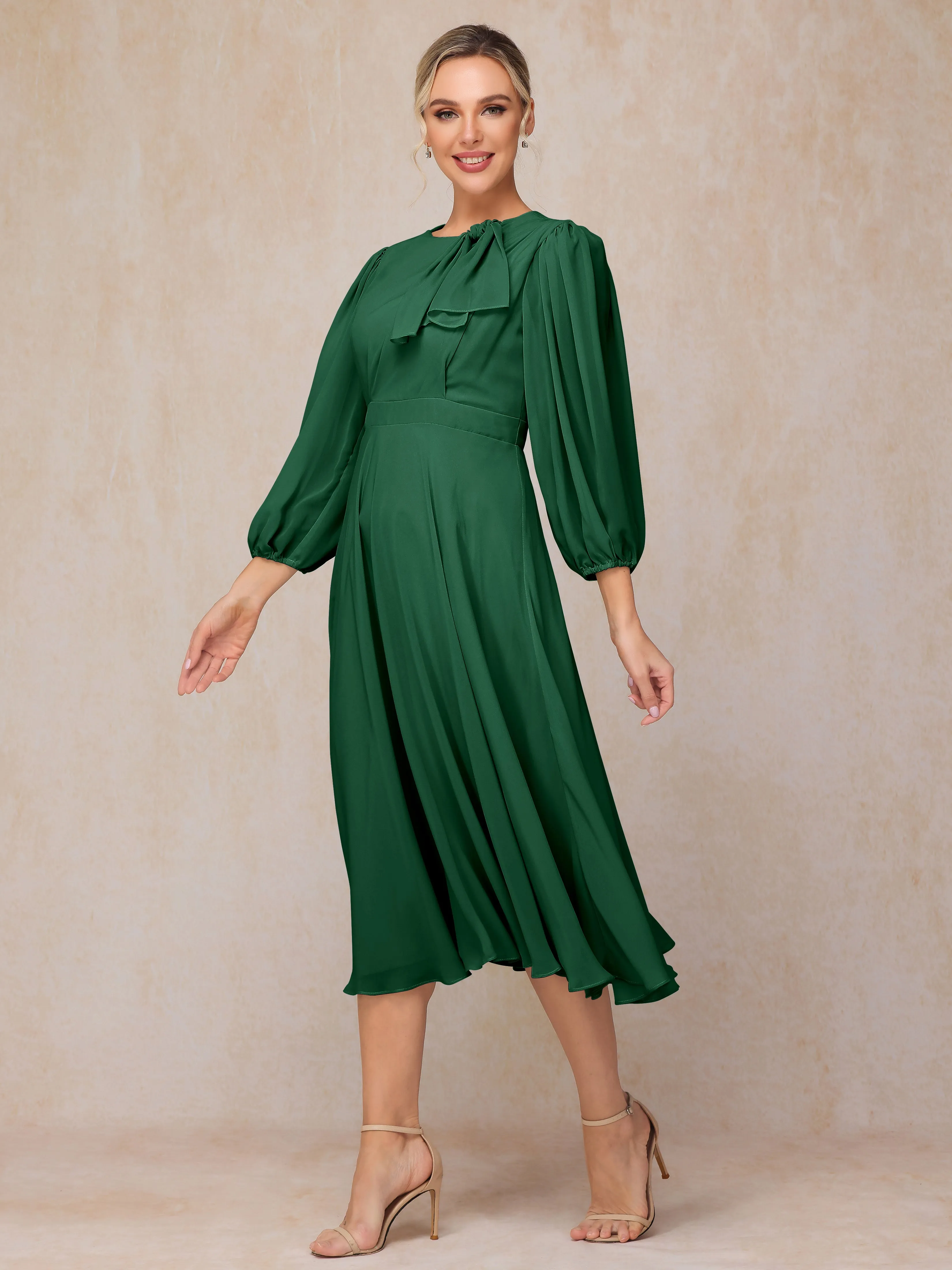 A-Line Long Sleeves Tea-Length Chiffon Mother of the Bride Dress