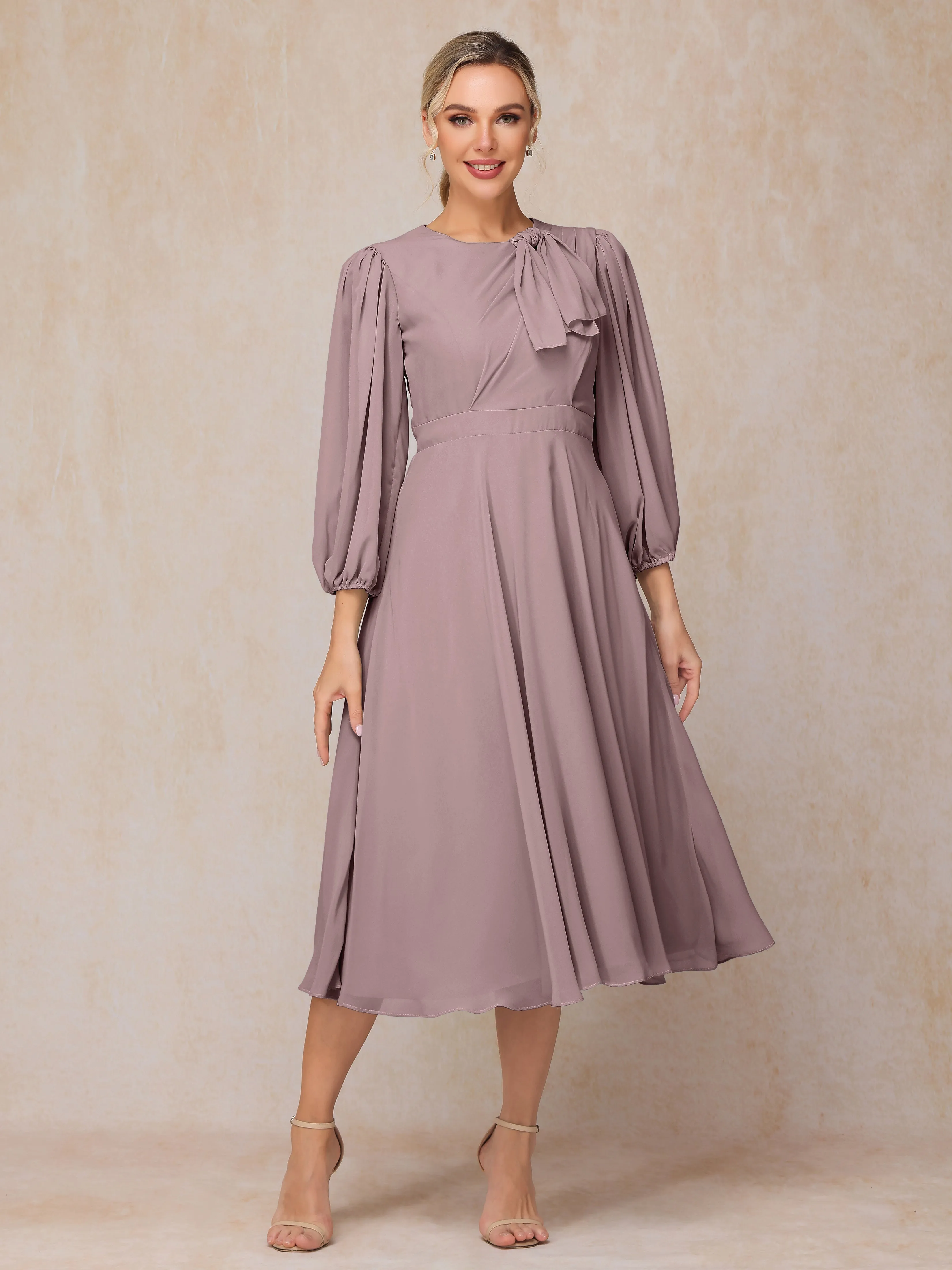 A-Line Long Sleeves Tea-Length Chiffon Mother of the Bride Dress