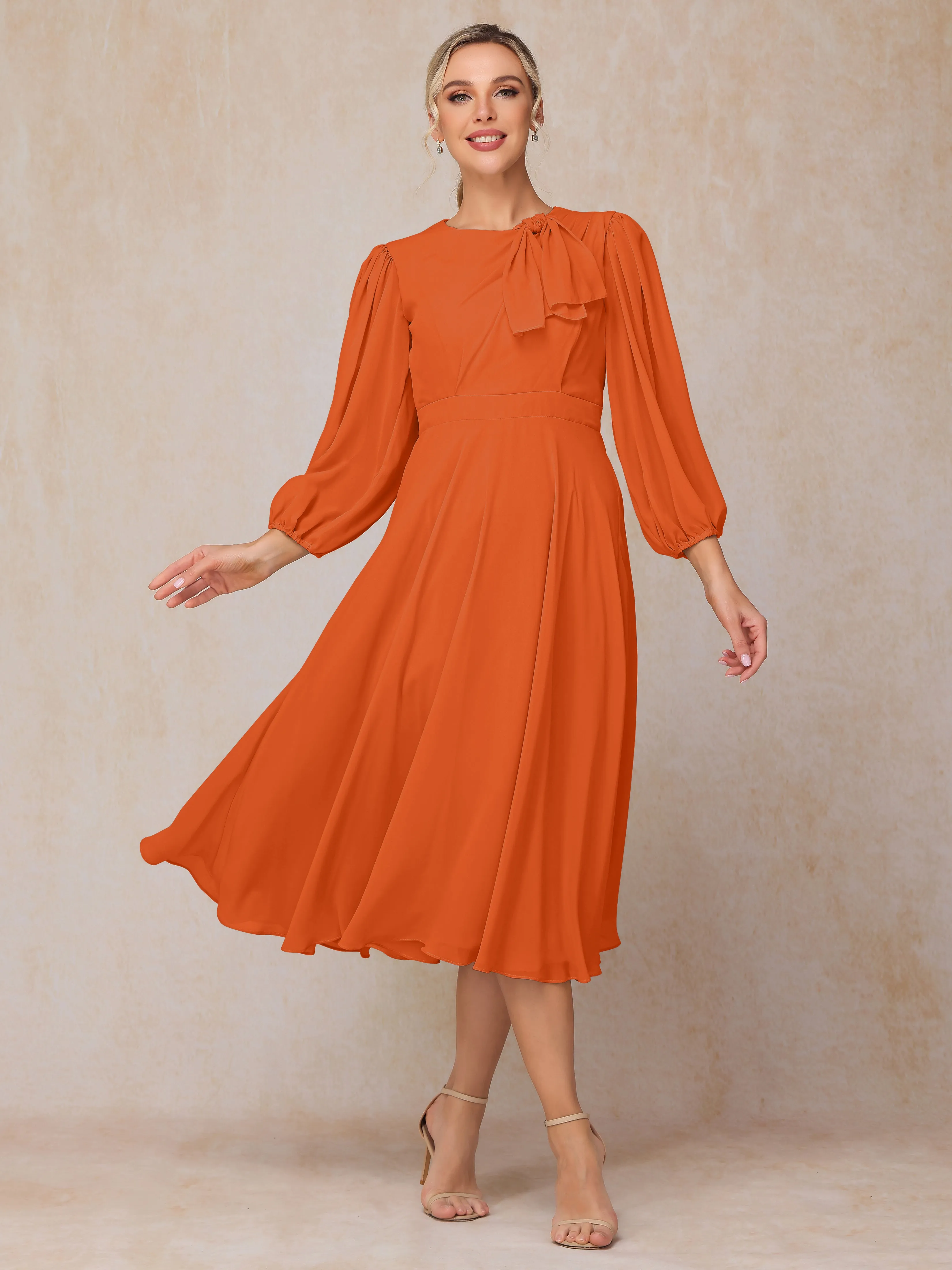 A-Line Long Sleeves Tea-Length Chiffon Mother of the Bride Dress