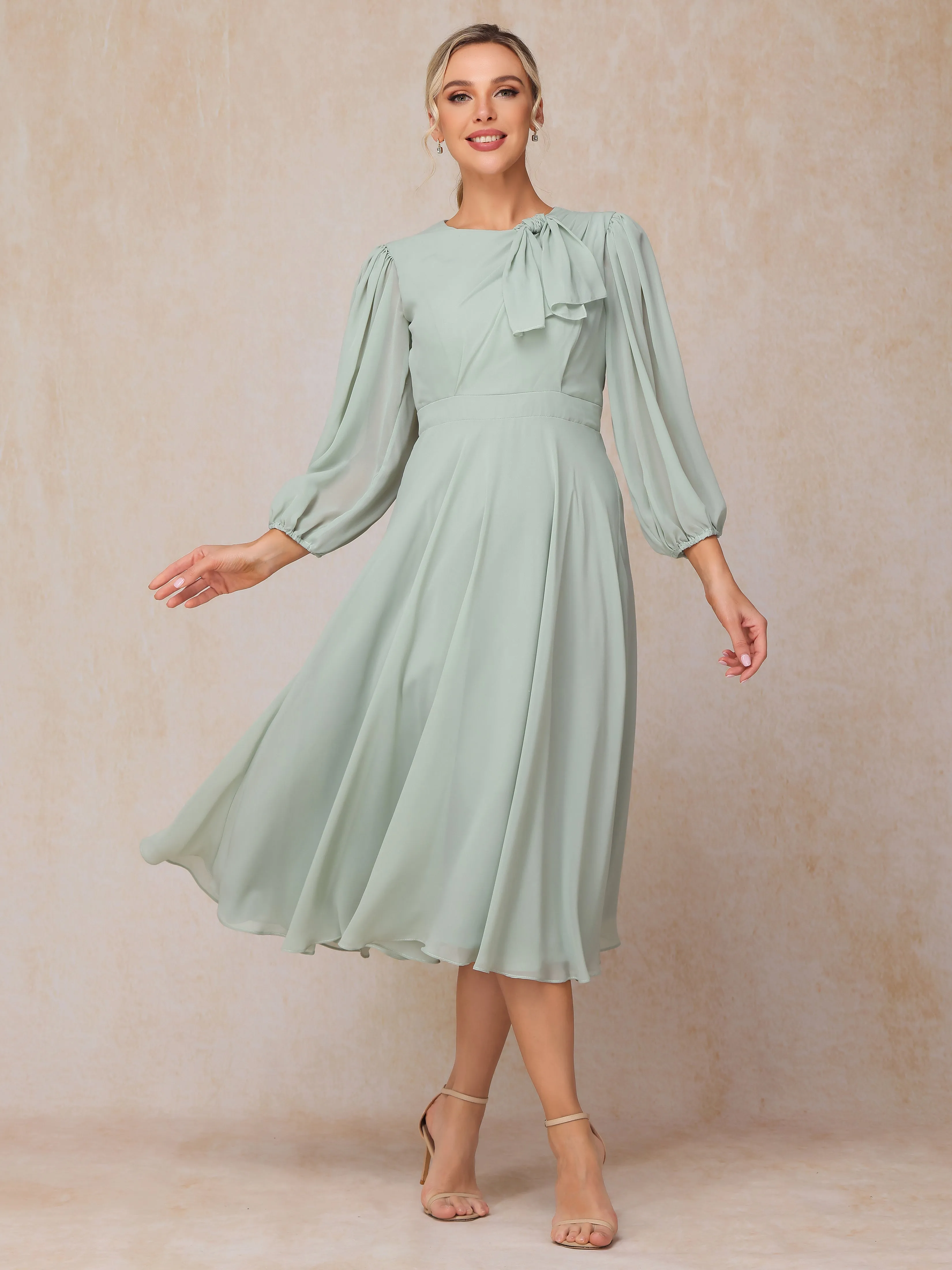 A-Line Long Sleeves Tea-Length Chiffon Mother of the Bride Dress