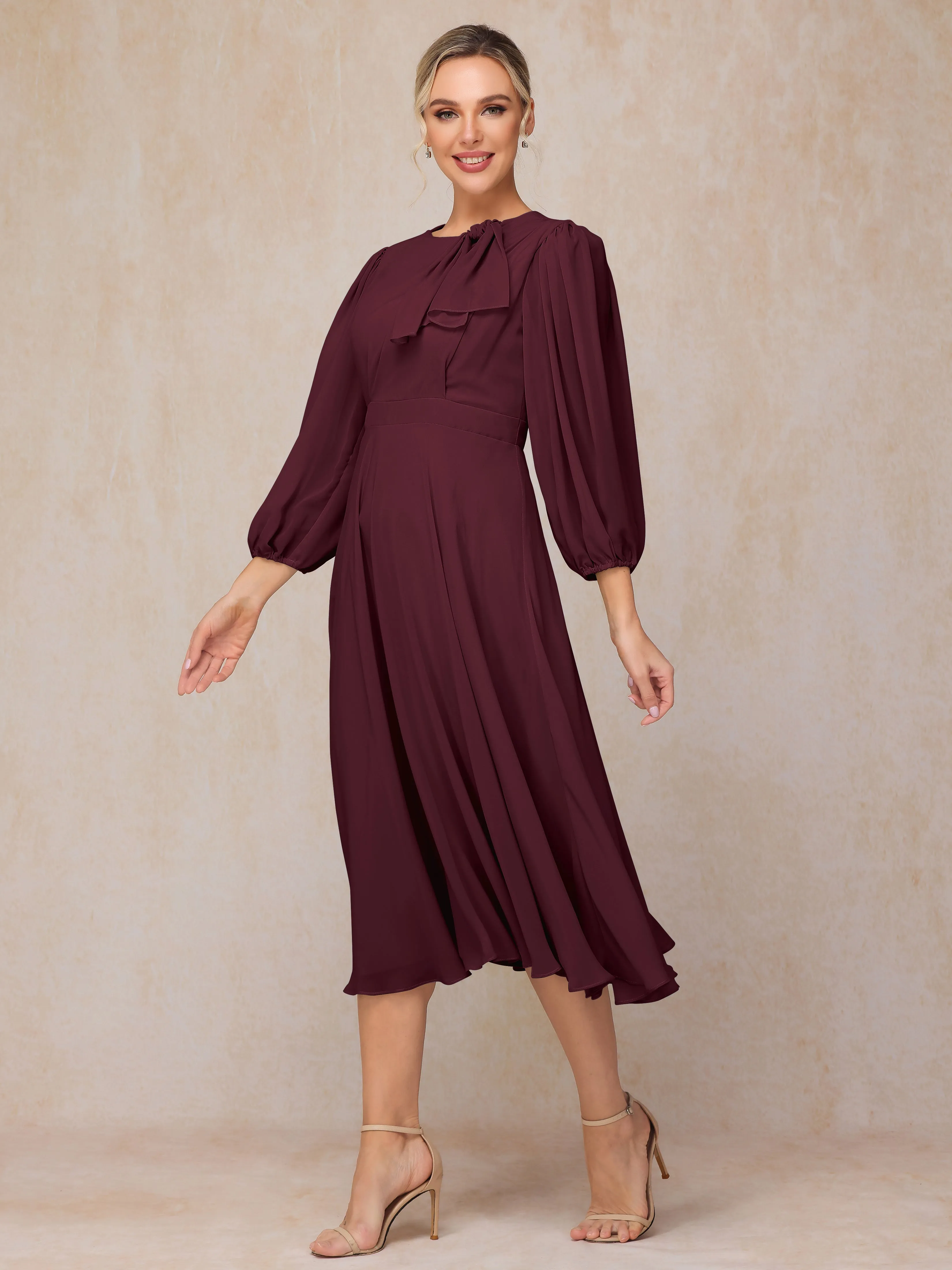 A-Line Long Sleeves Tea-Length Chiffon Mother of the Bride Dress