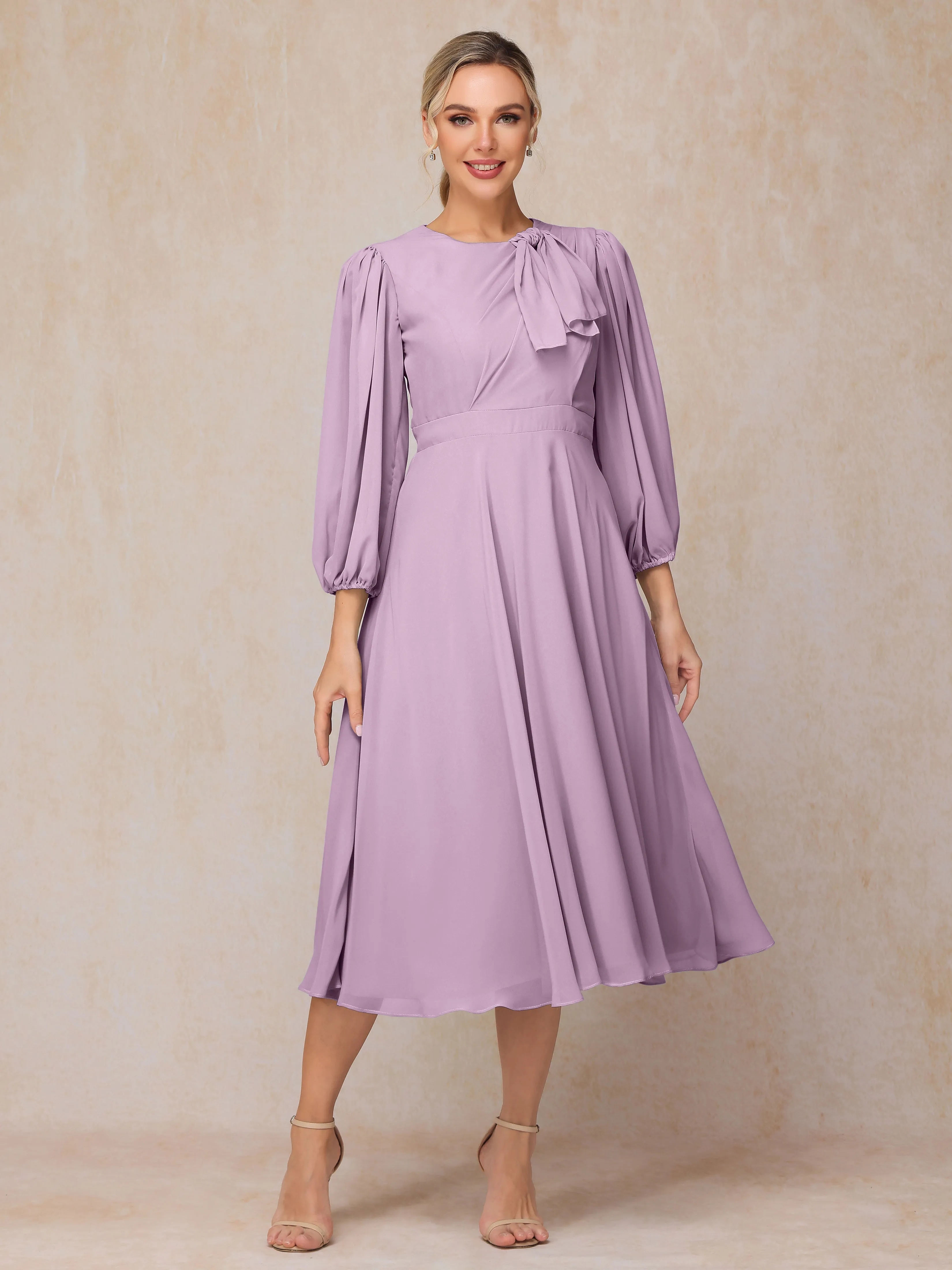 A-Line Long Sleeves Tea-Length Chiffon Mother of the Bride Dress