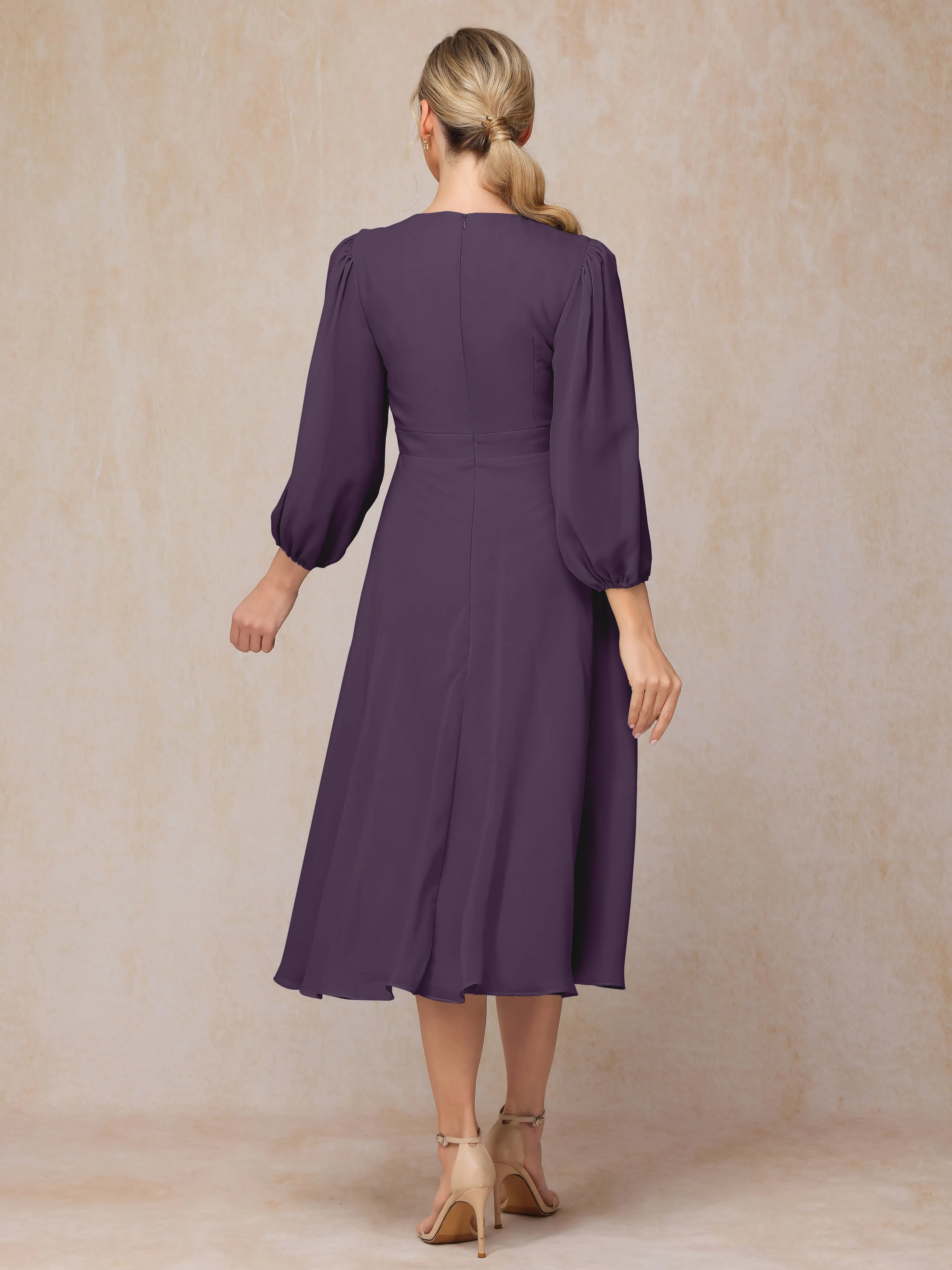 A-Line Long Sleeves Tea-Length Chiffon Mother of the Bride Dress