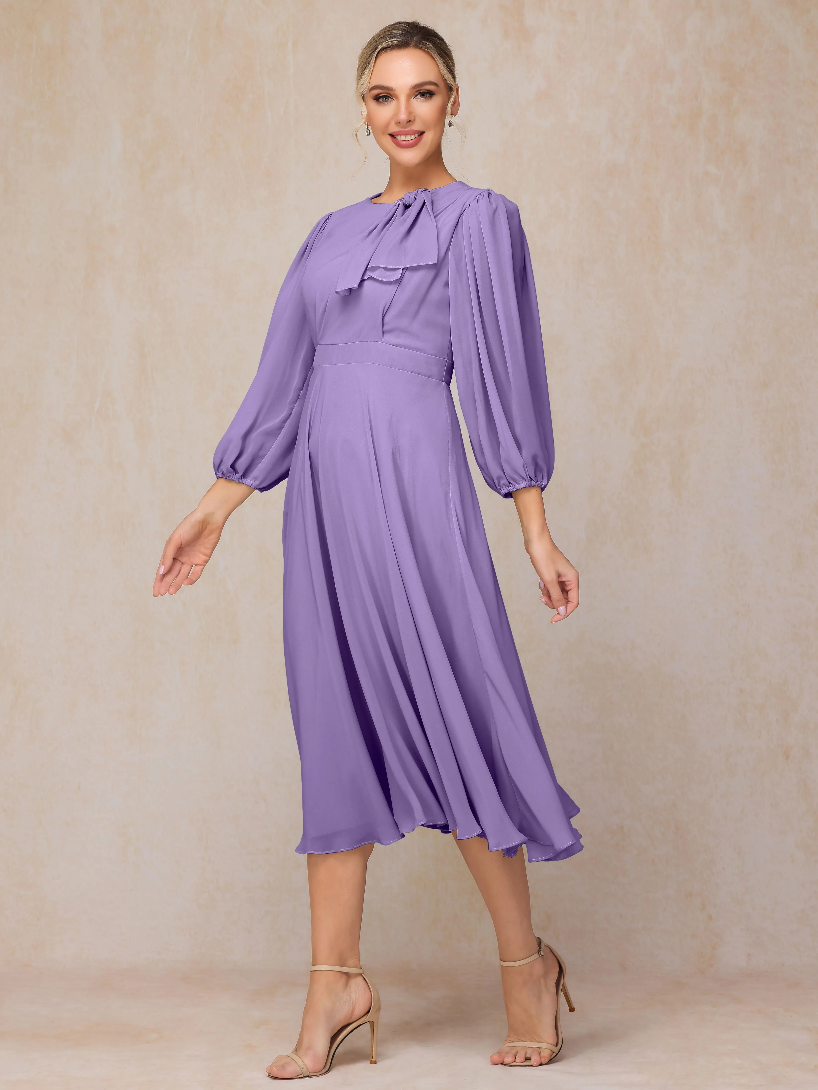 A-Line Long Sleeves Tea-Length Chiffon Mother of the Bride Dress