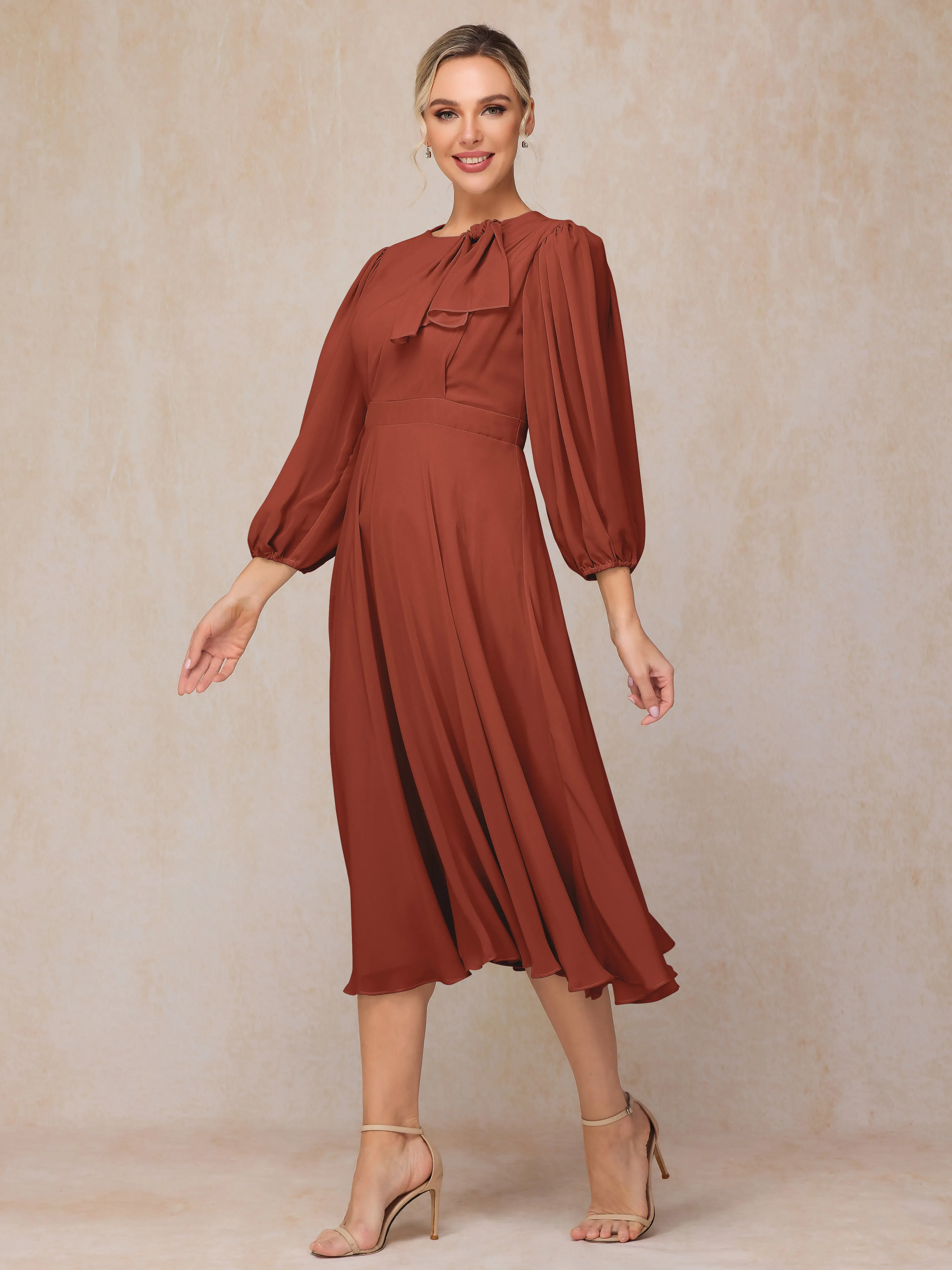 A-Line Long Sleeves Tea-Length Chiffon Mother of the Bride Dress