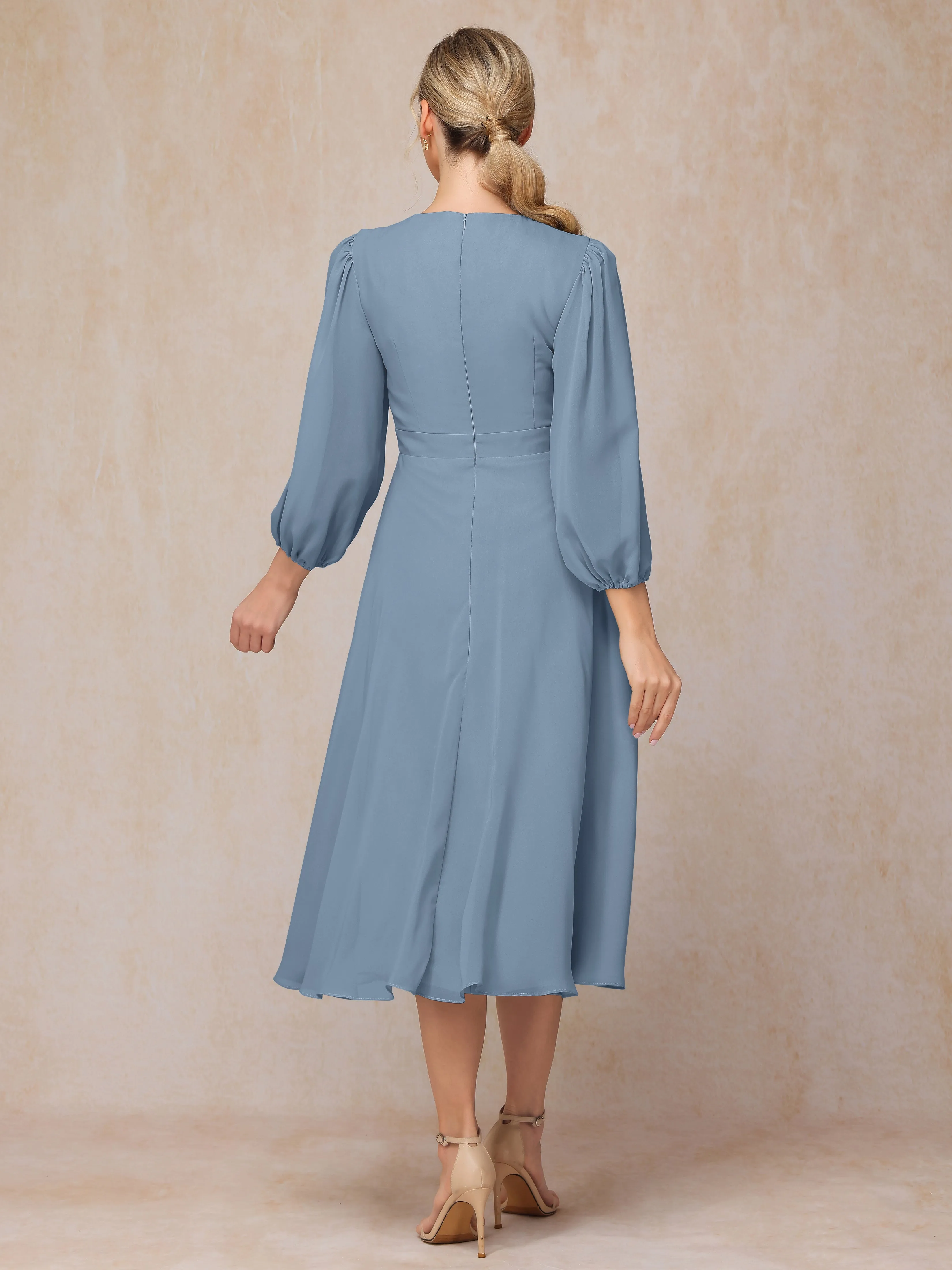 A-Line Long Sleeves Tea-Length Chiffon Mother of the Bride Dress