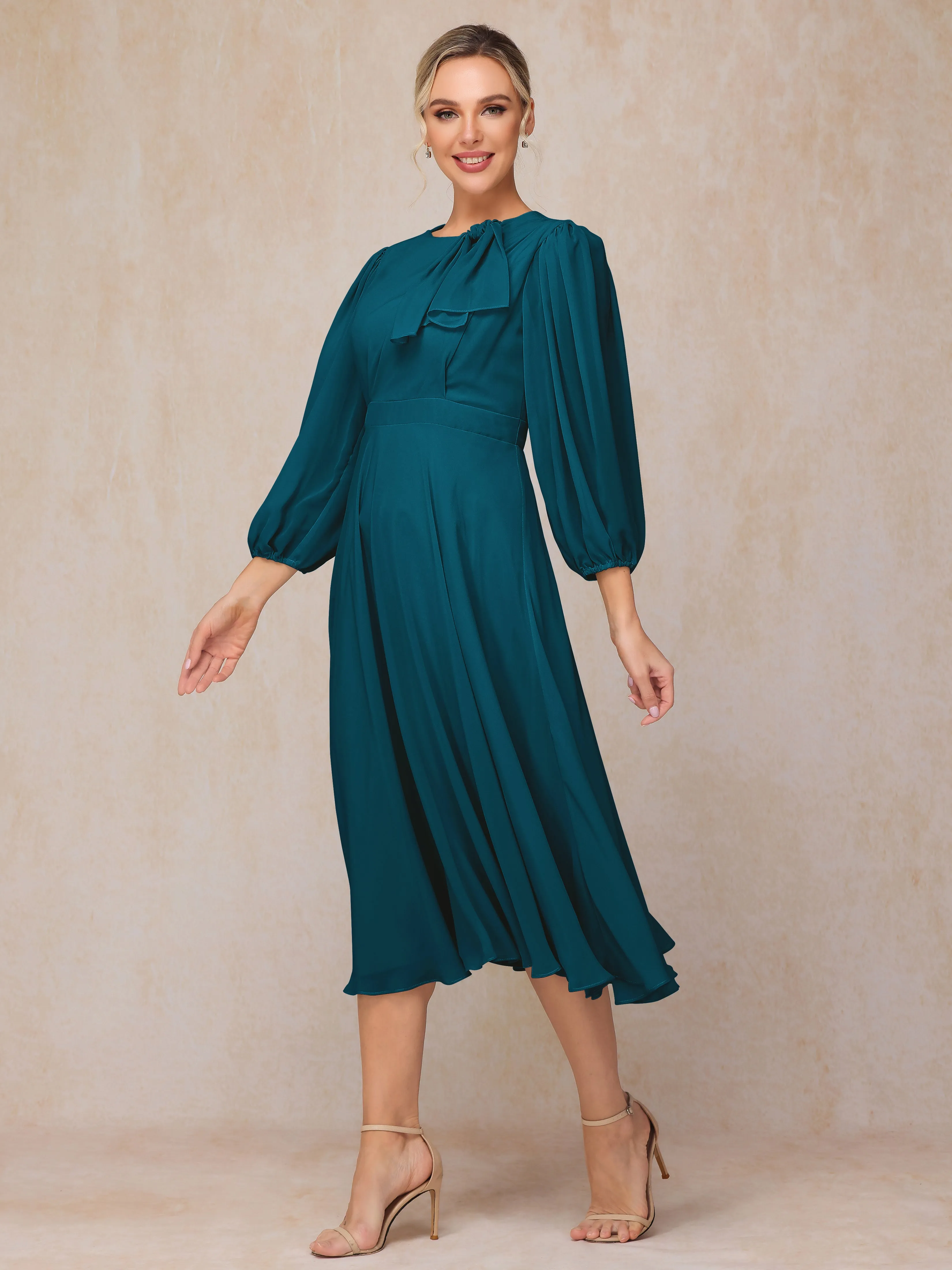 A-Line Long Sleeves Tea-Length Chiffon Mother of the Bride Dress