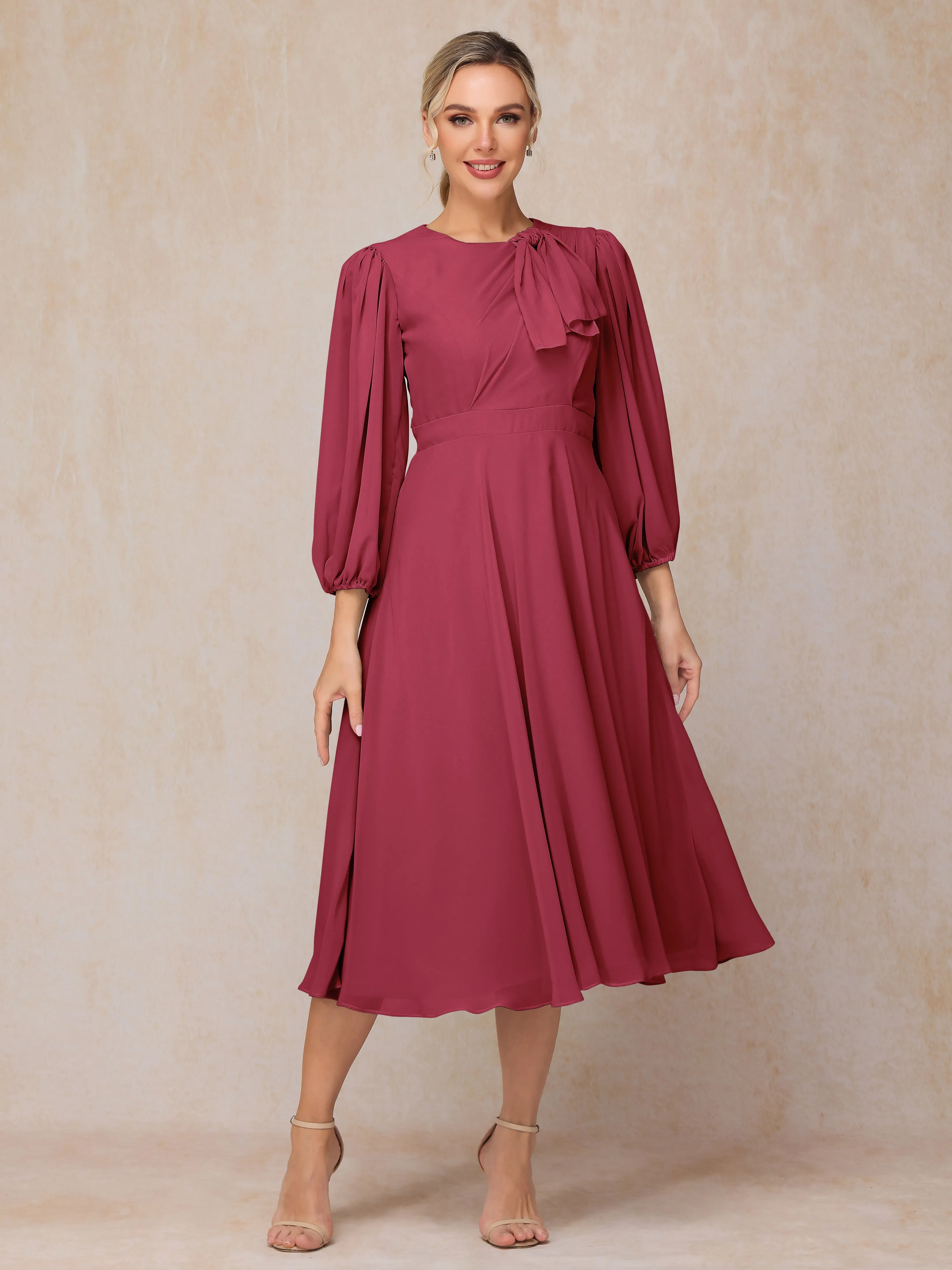 A-Line Long Sleeves Tea-Length Chiffon Mother of the Bride Dress