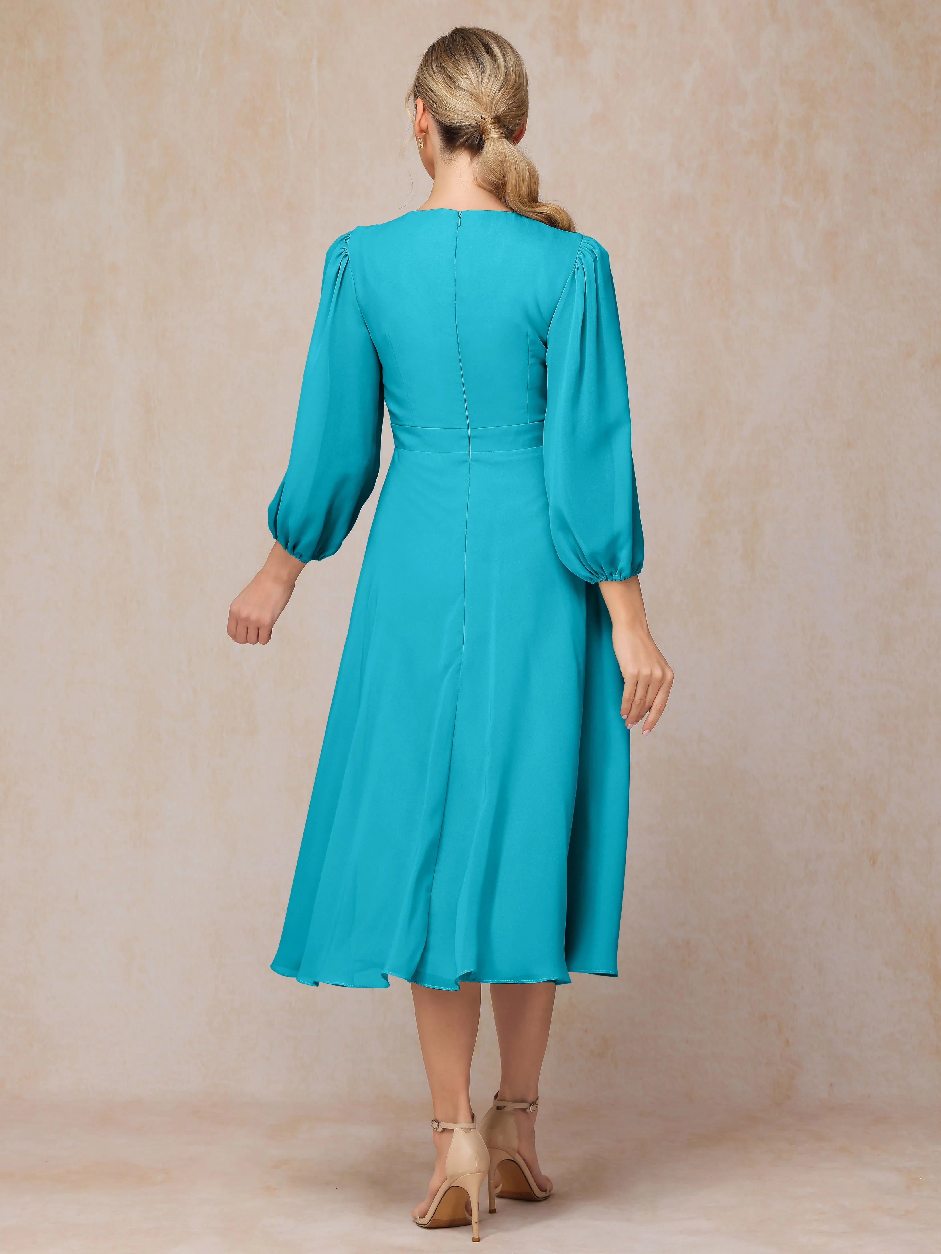 A-Line Long Sleeves Tea-Length Chiffon Mother of the Bride Dress