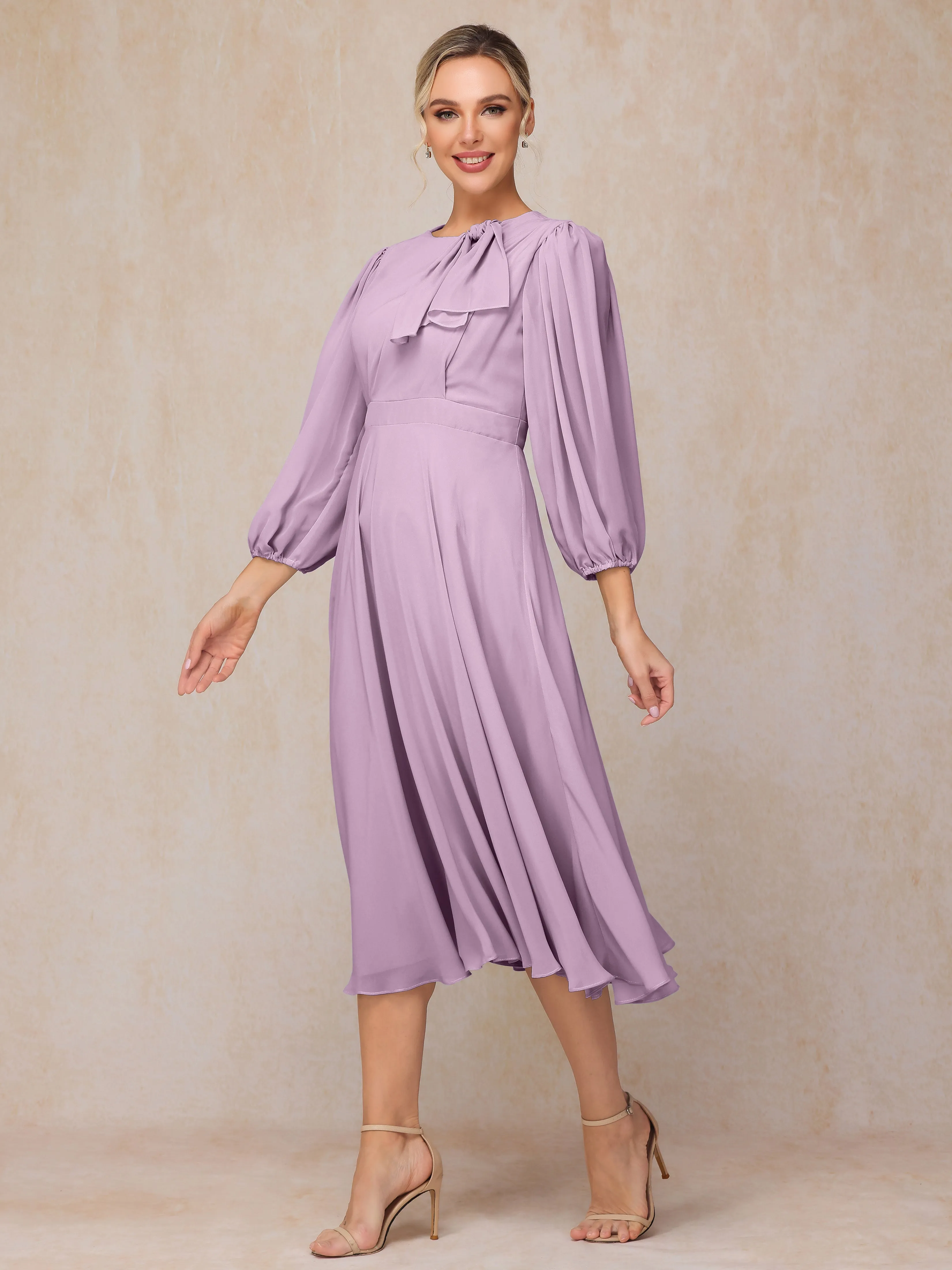 A-Line Long Sleeves Tea-Length Chiffon Mother of the Bride Dress