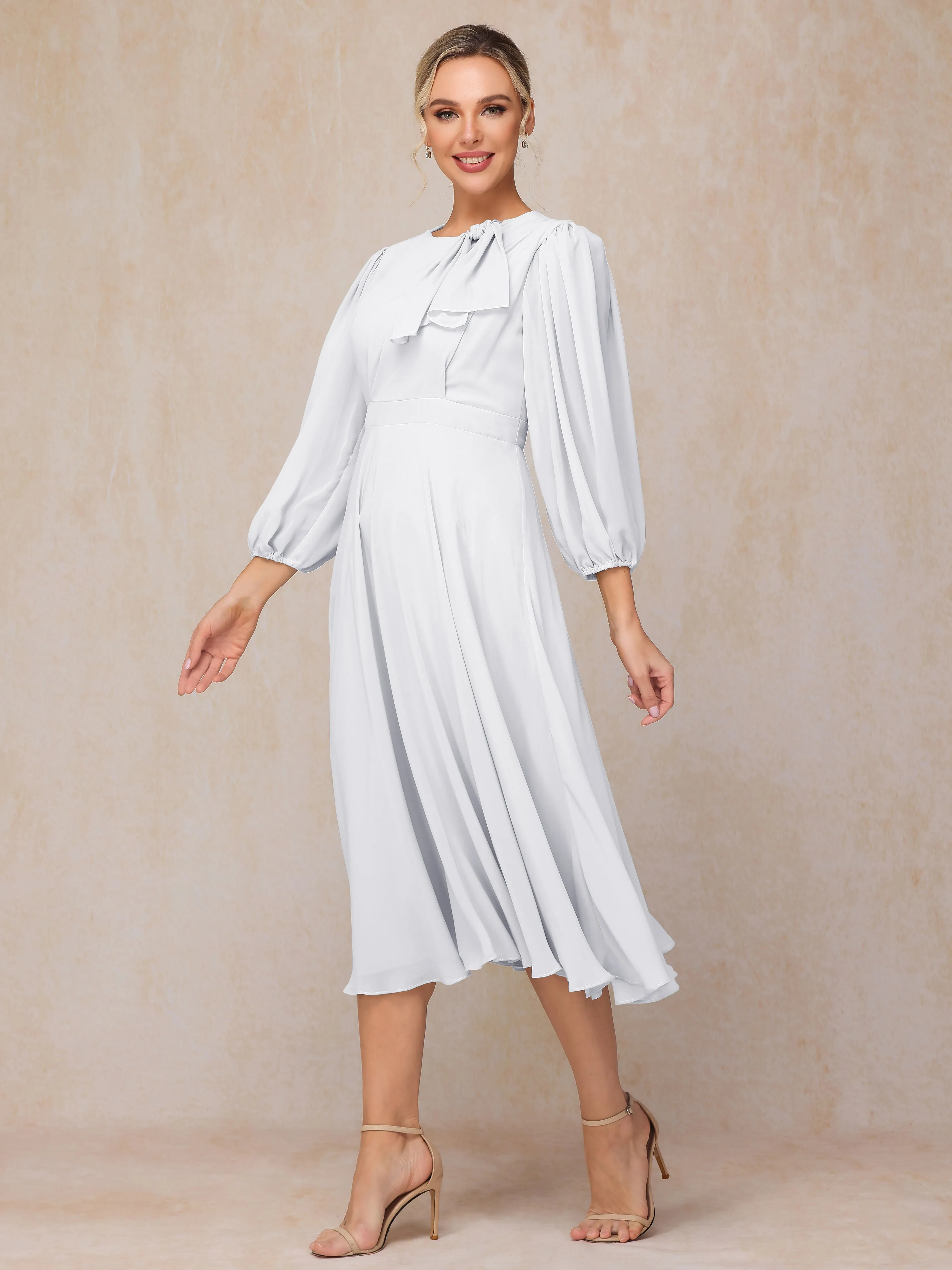 A-Line Long Sleeves Tea-Length Chiffon Mother of the Bride Dress