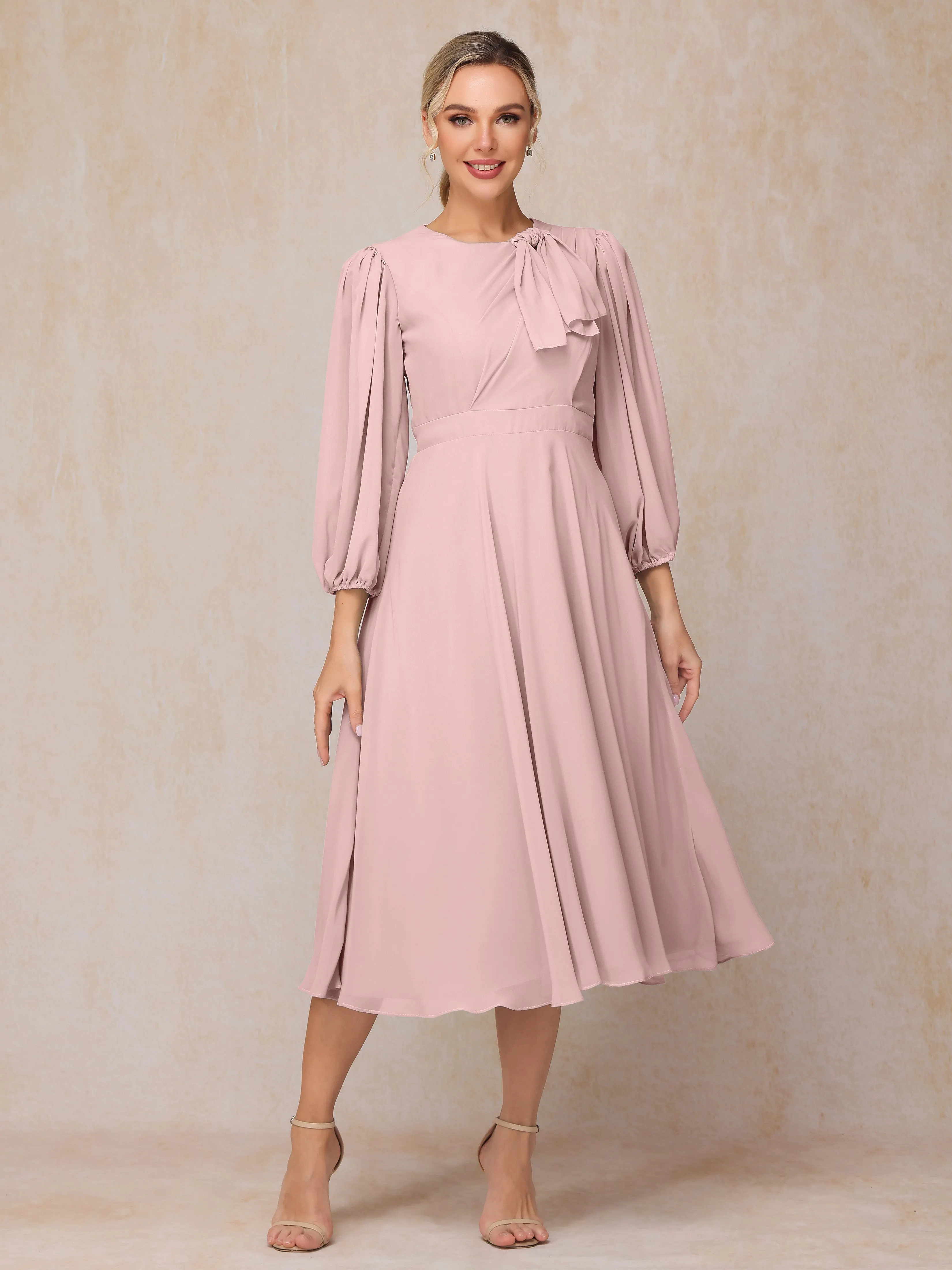 A-Line Long Sleeves Tea-Length Chiffon Mother of the Bride Dress