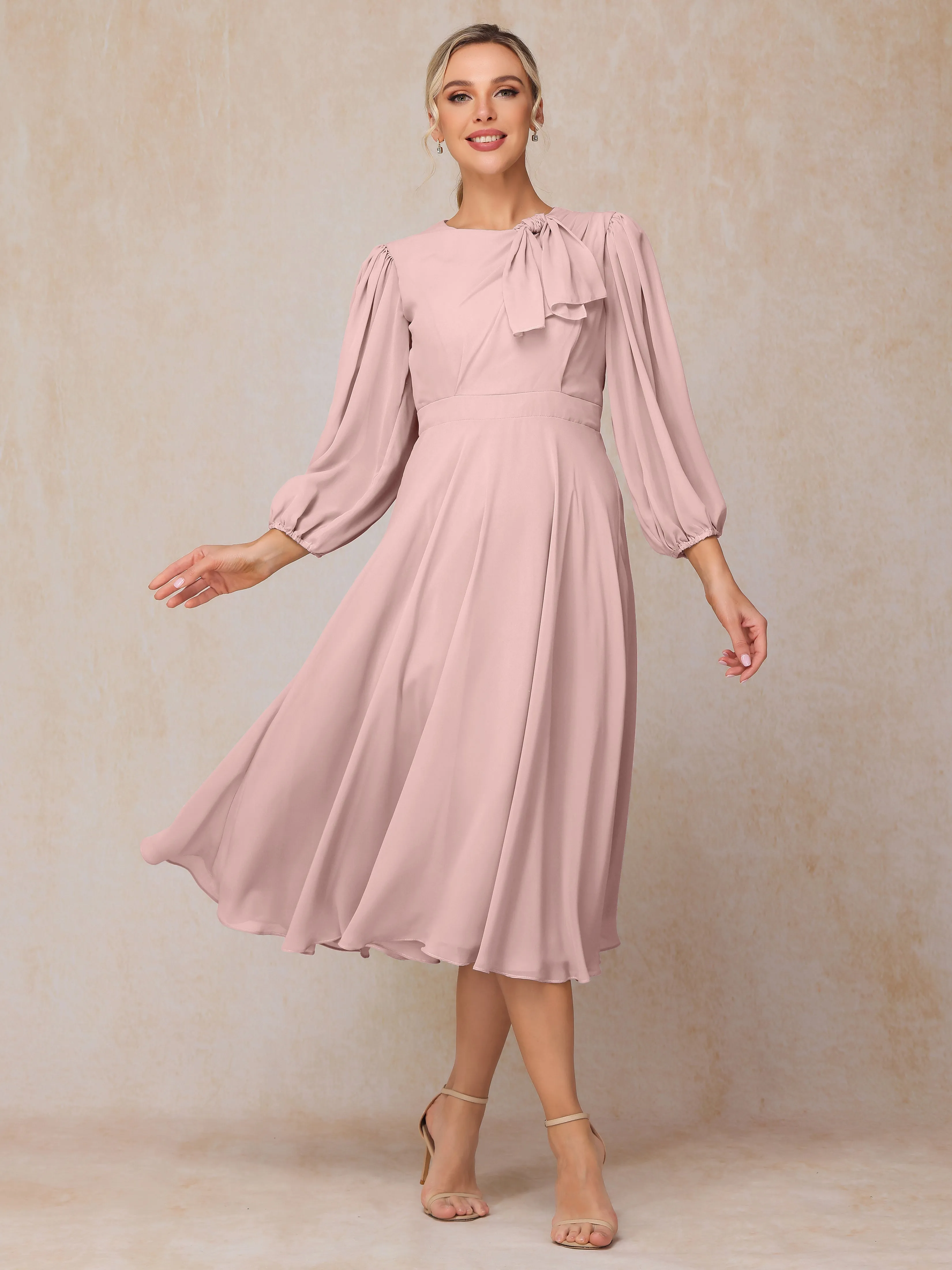 A-Line Long Sleeves Tea-Length Chiffon Mother of the Bride Dress