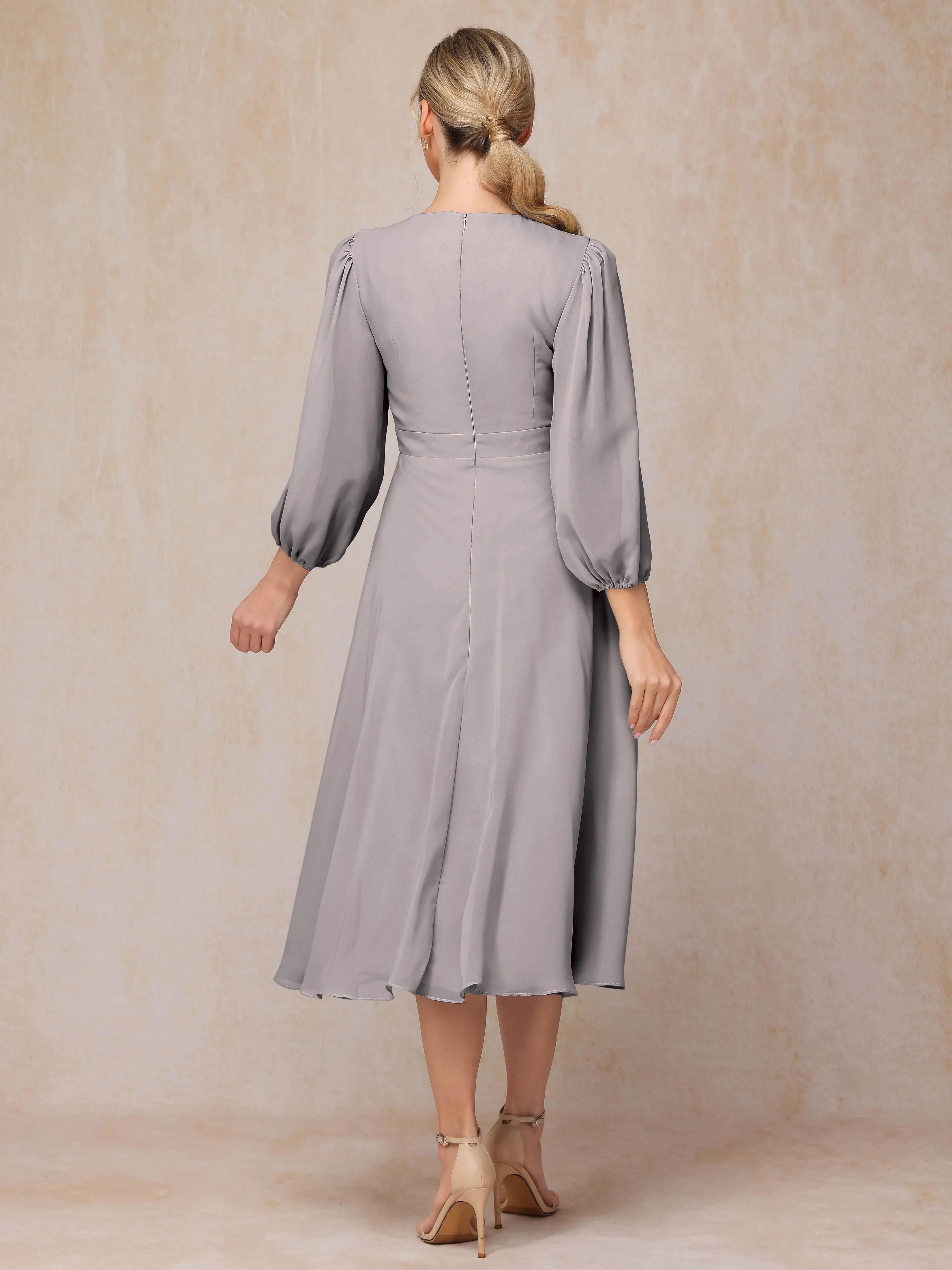 A-Line Long Sleeves Tea-Length Chiffon Mother of the Bride Dress