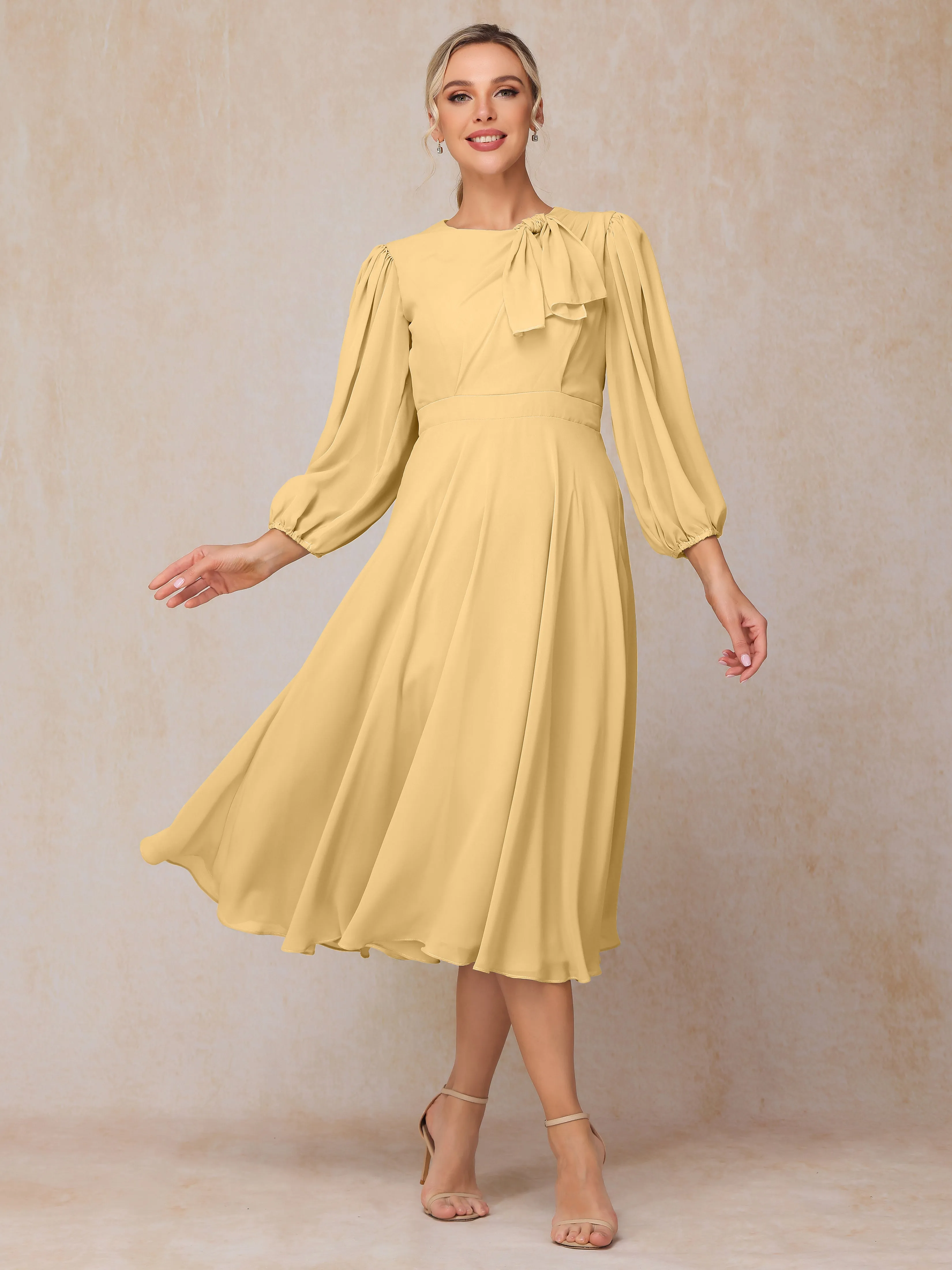 A-Line Long Sleeves Tea-Length Chiffon Mother of the Bride Dress