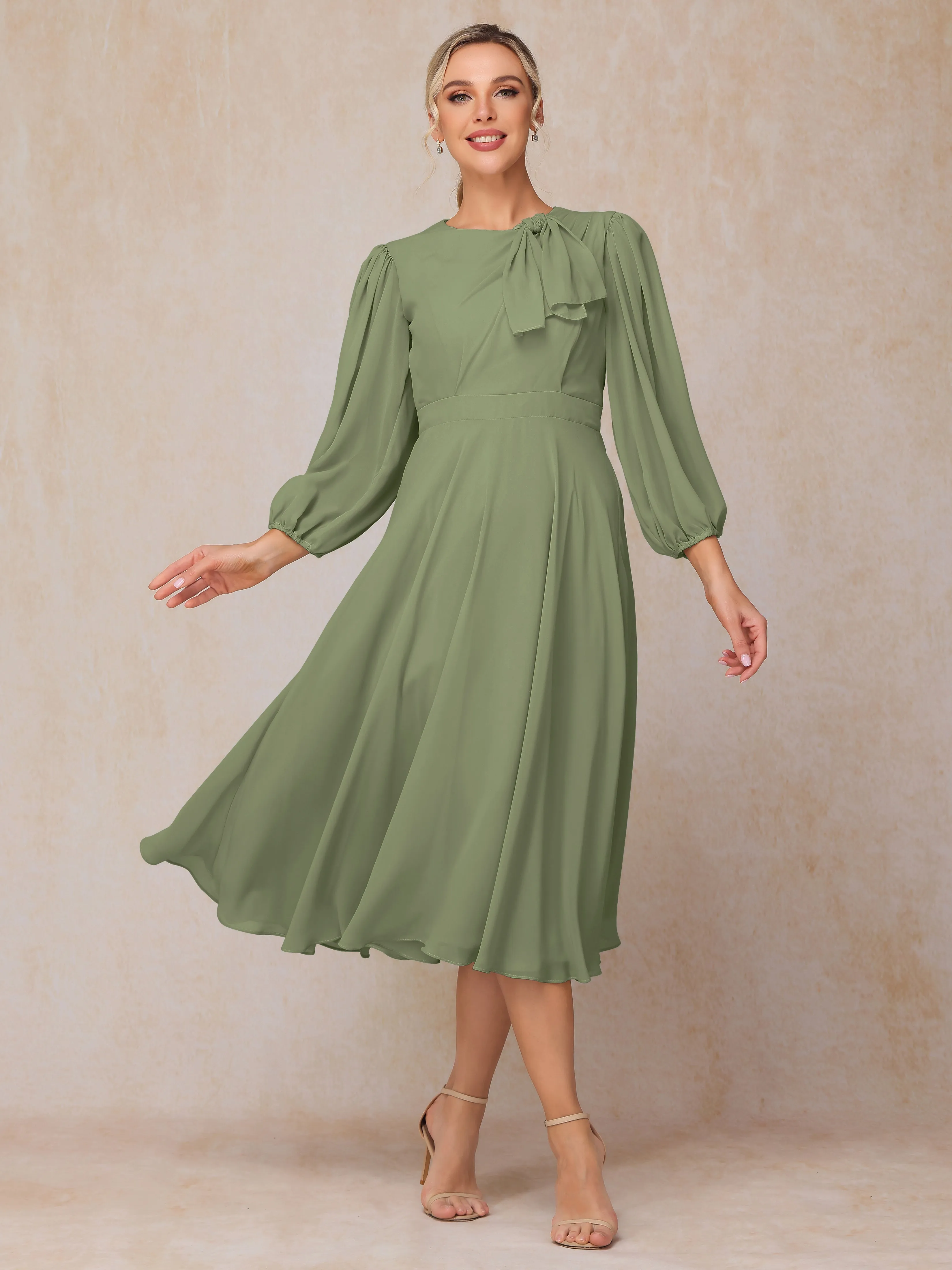 A-Line Long Sleeves Tea-Length Chiffon Mother of the Bride Dress