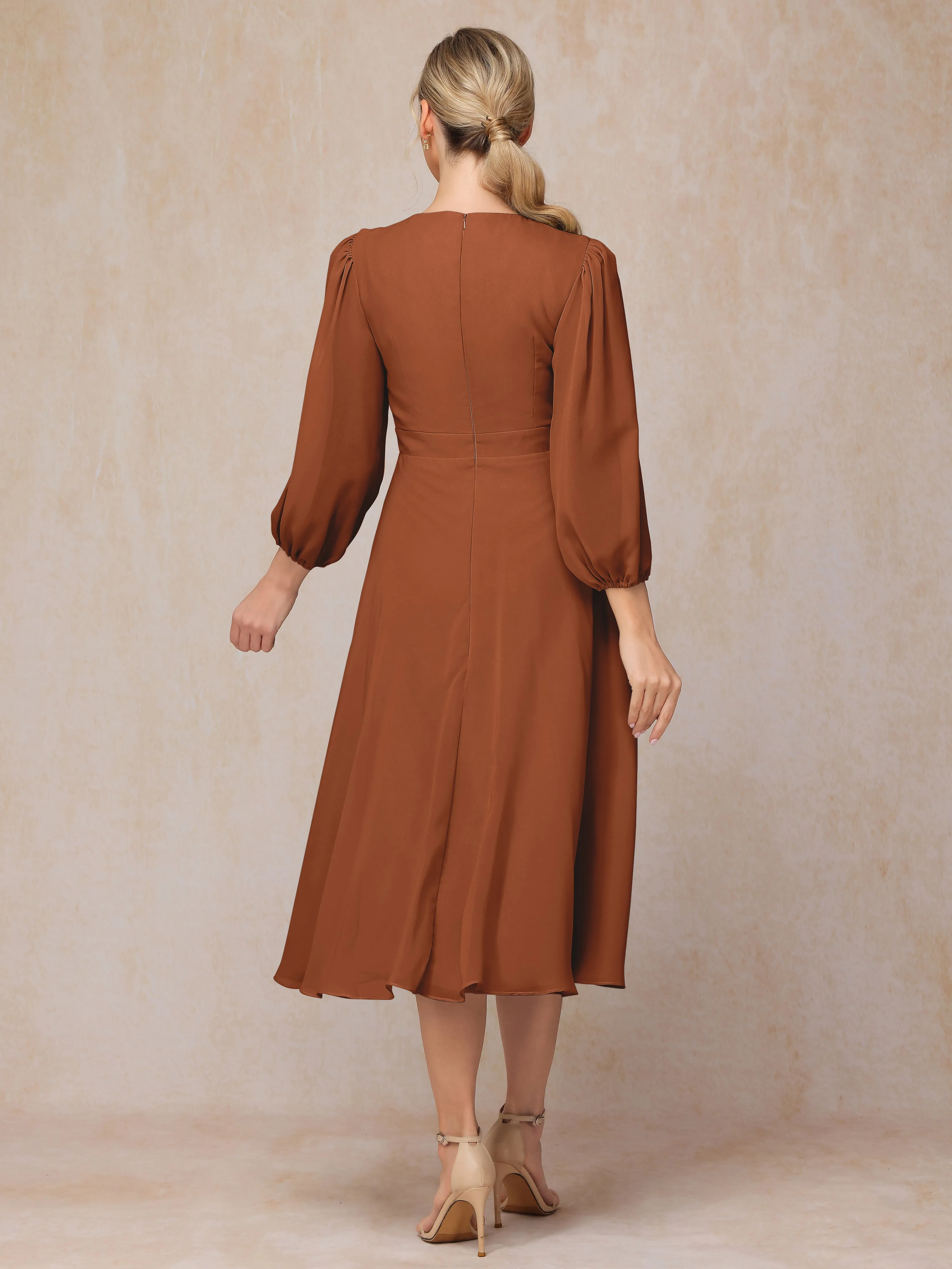 A-Line Long Sleeves Tea-Length Chiffon Mother of the Bride Dress