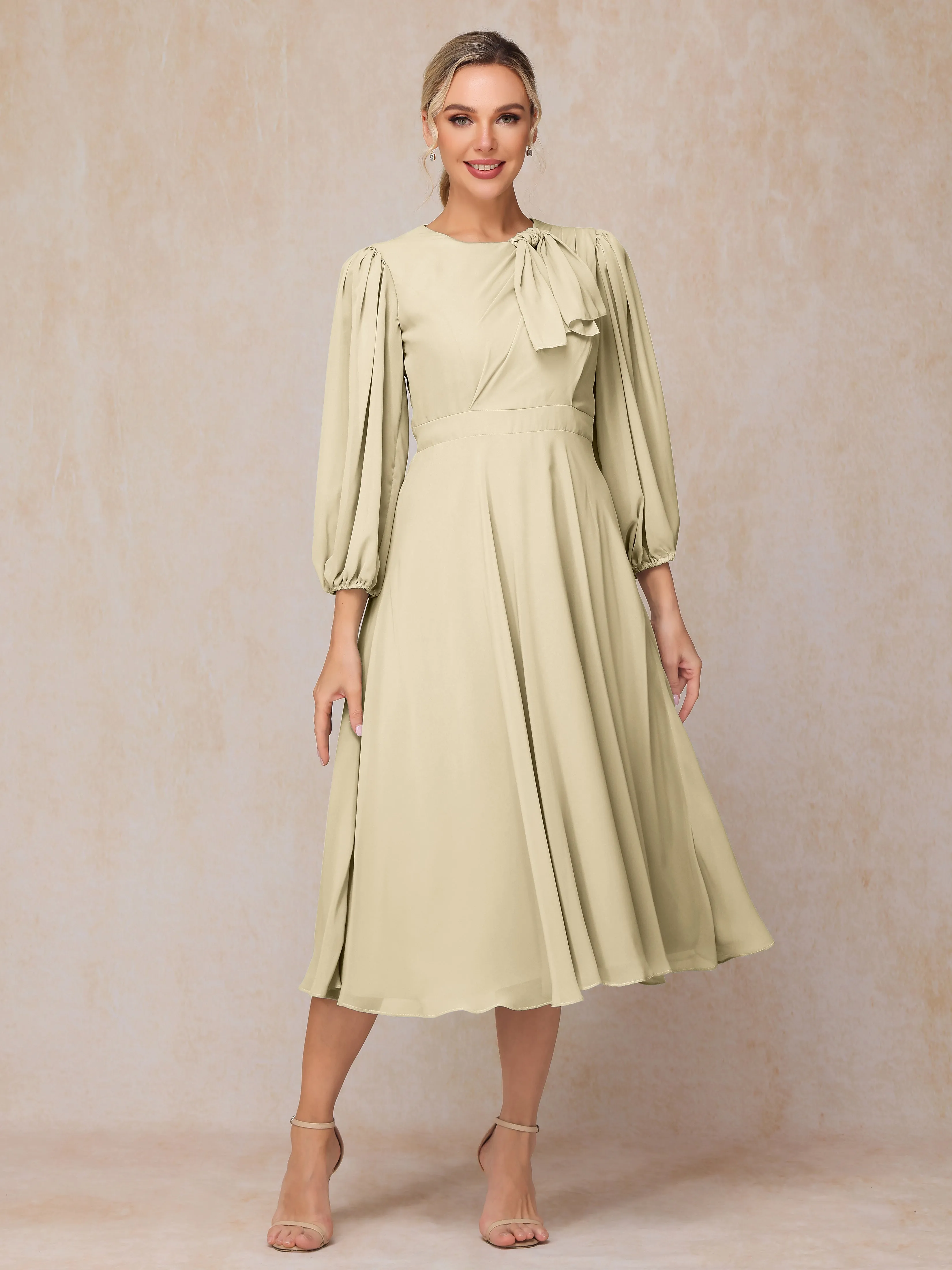 A-Line Long Sleeves Tea-Length Chiffon Mother of the Bride Dress