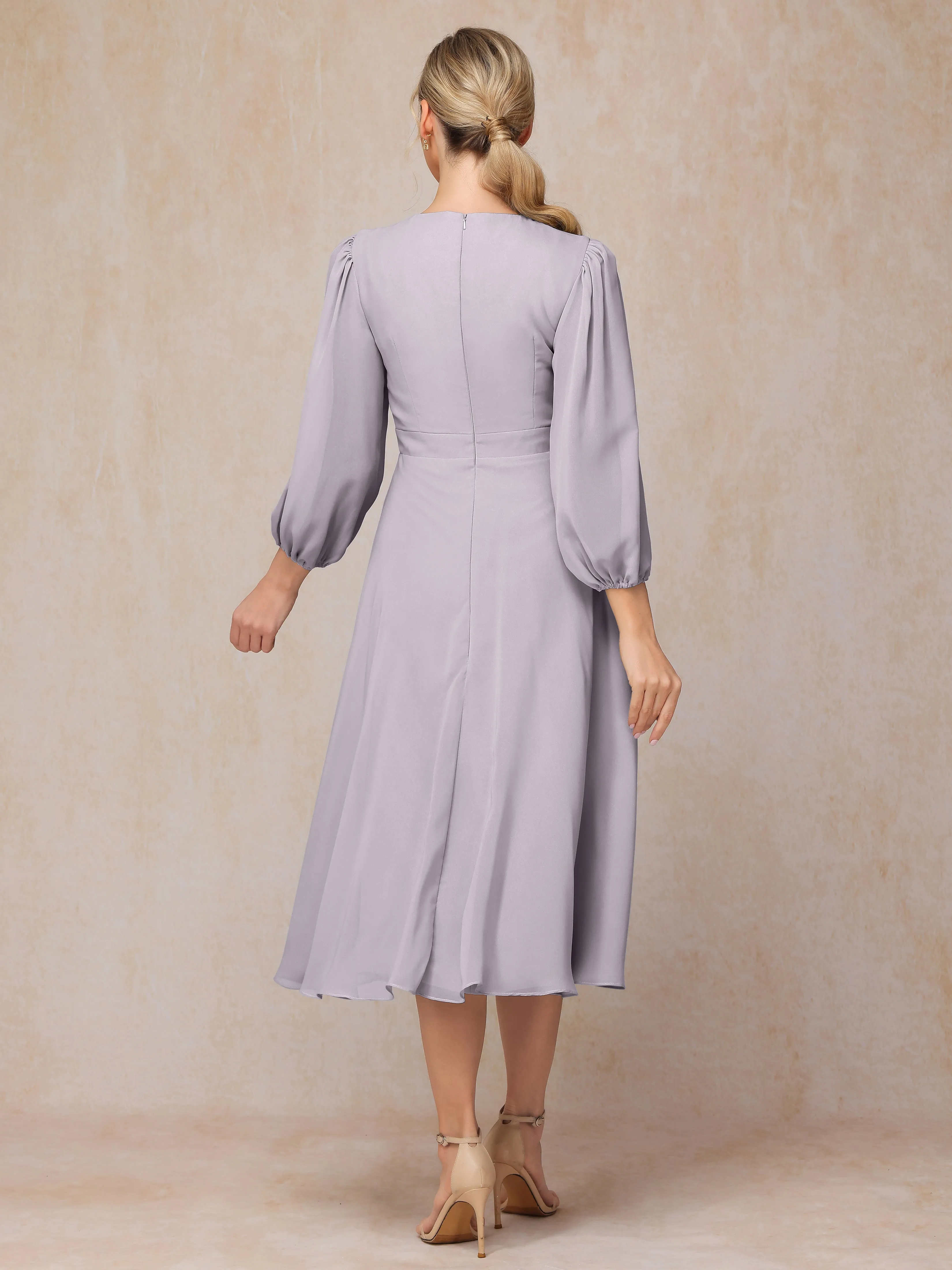 A-Line Long Sleeves Tea-Length Chiffon Mother of the Bride Dress