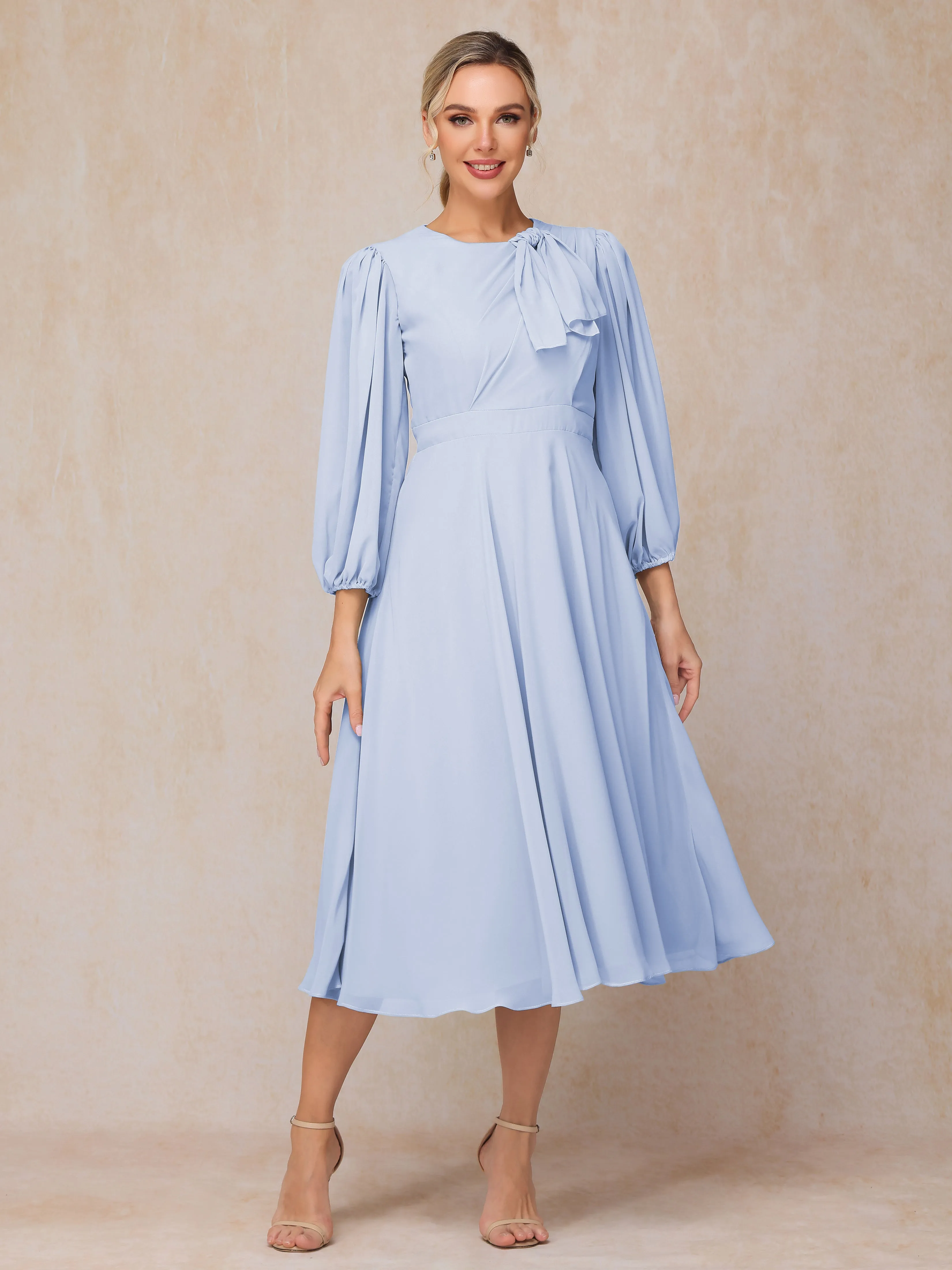 A-Line Long Sleeves Tea-Length Chiffon Mother of the Bride Dress