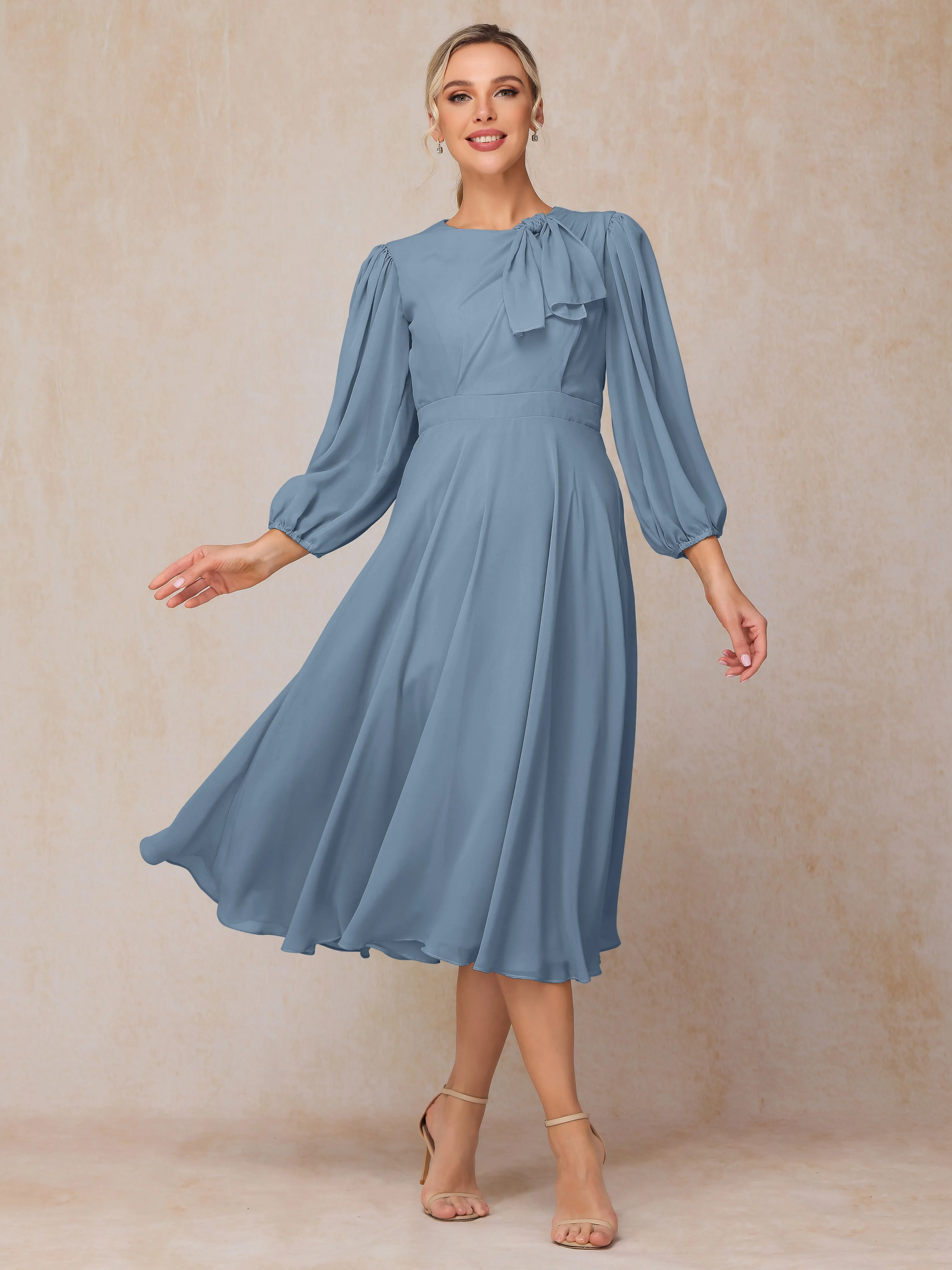 A-Line Long Sleeves Tea-Length Chiffon Mother of the Bride Dress