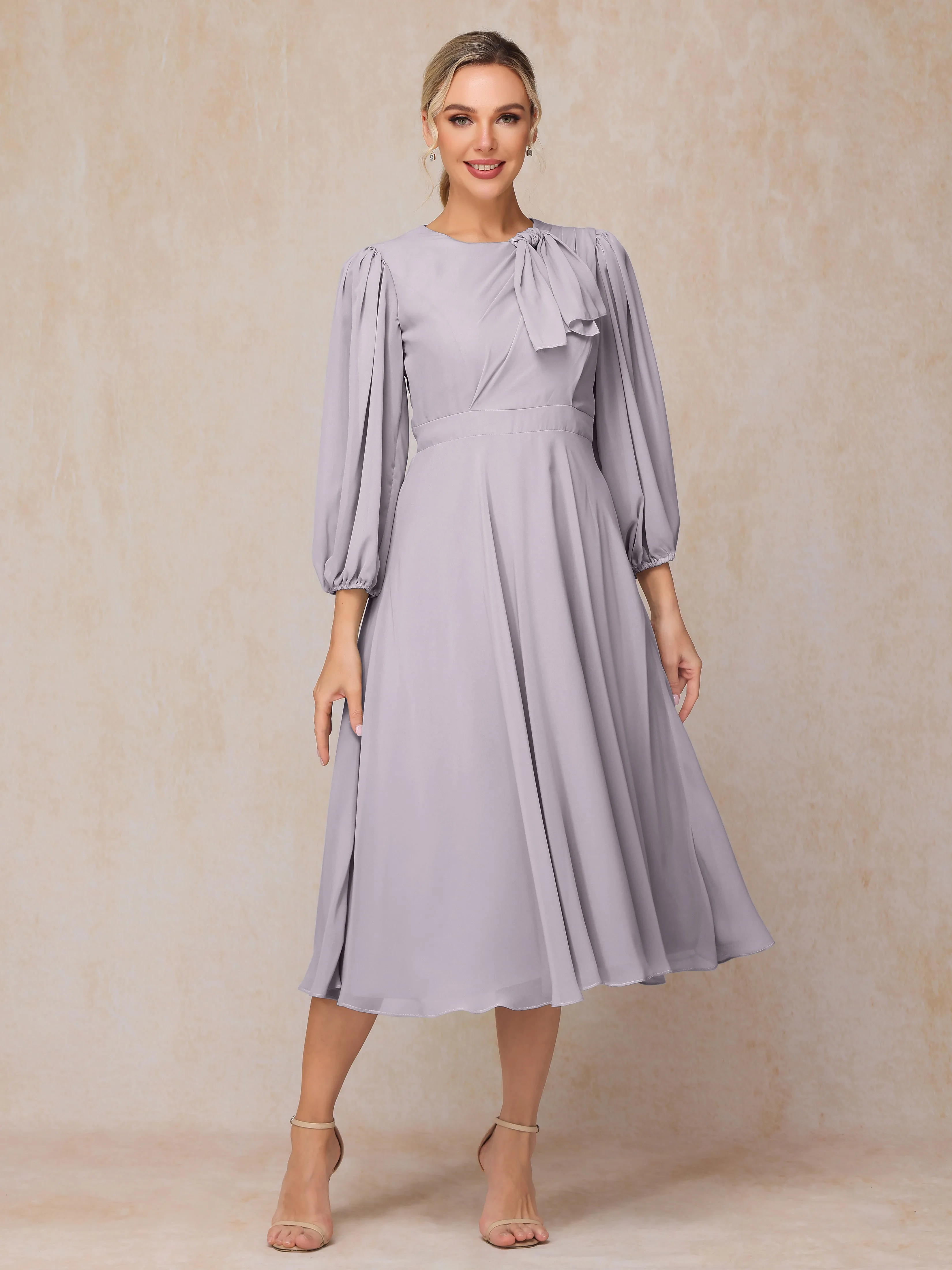 A-Line Long Sleeves Tea-Length Chiffon Mother of the Bride Dress