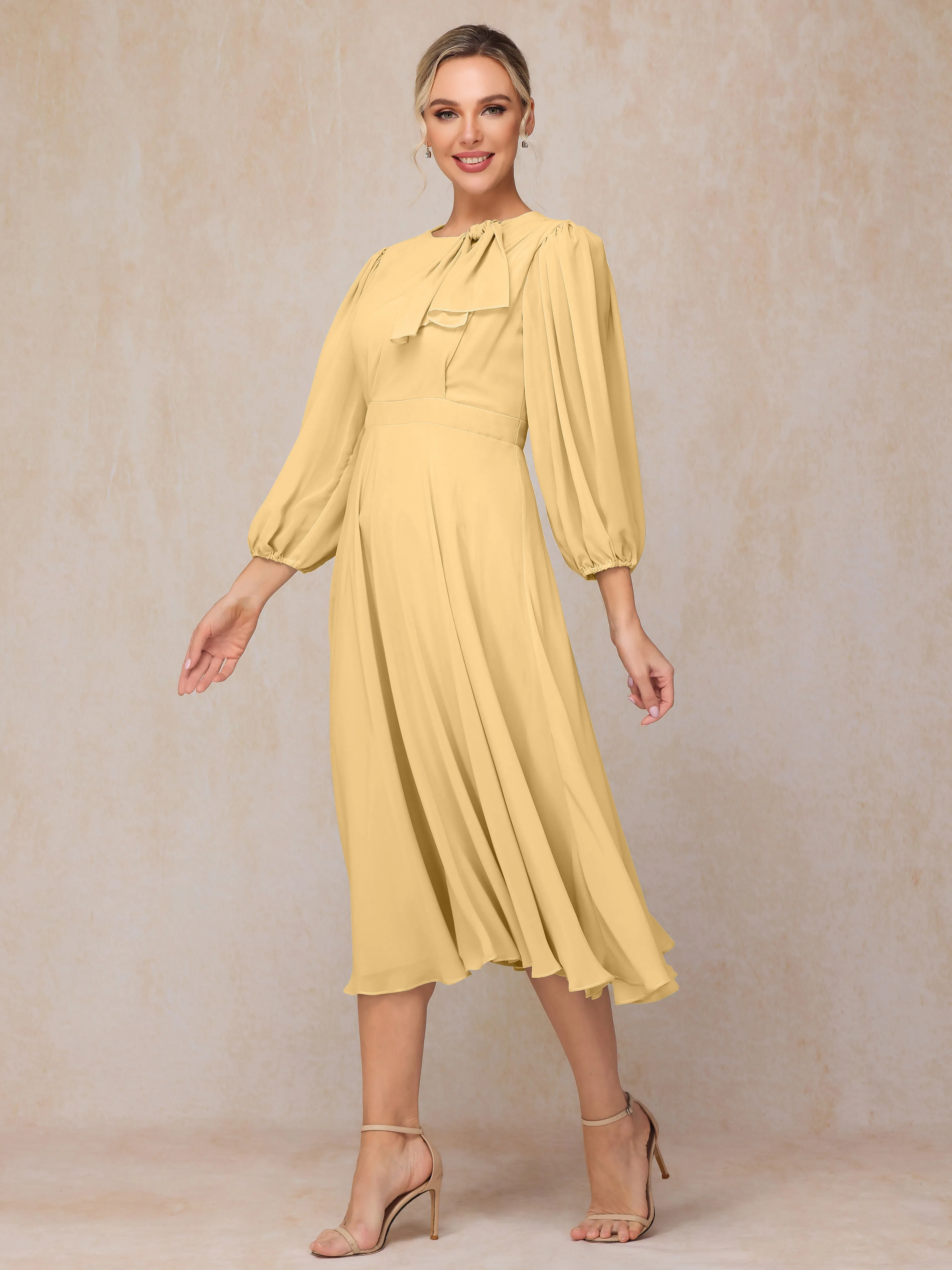 A-Line Long Sleeves Tea-Length Chiffon Mother of the Bride Dress