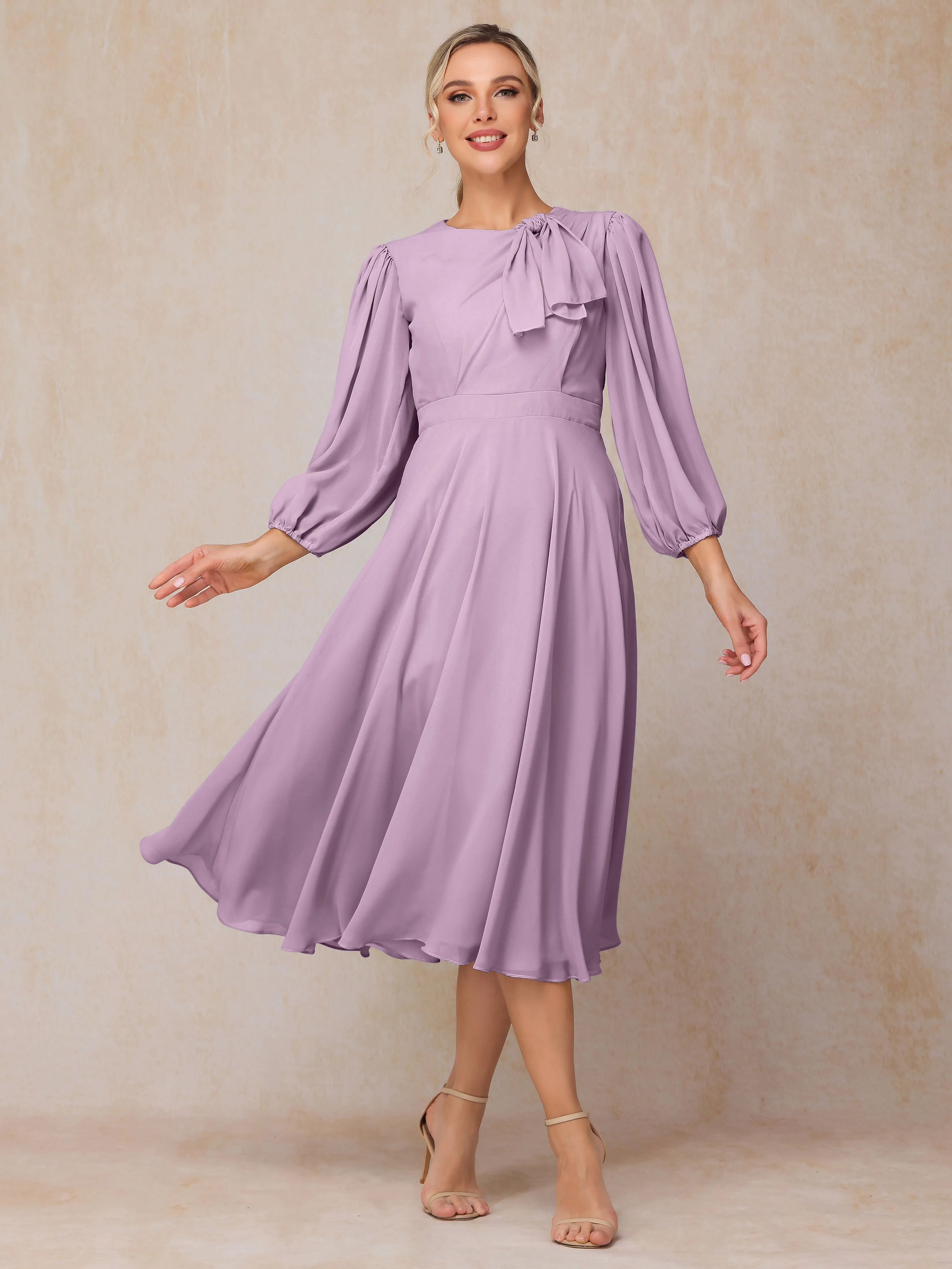 A-Line Long Sleeves Tea-Length Chiffon Mother of the Bride Dress