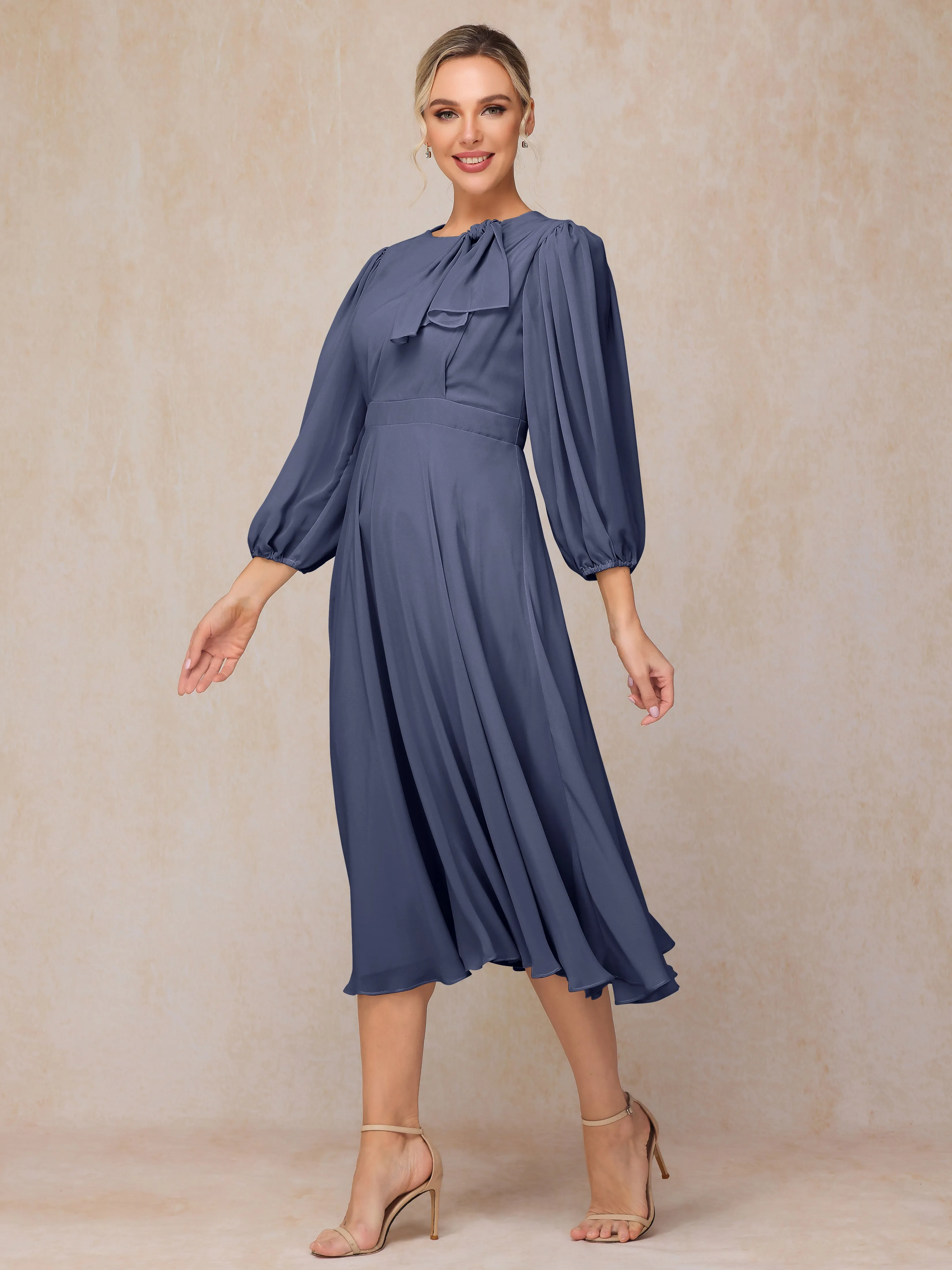 A-Line Long Sleeves Tea-Length Chiffon Mother of the Bride Dress