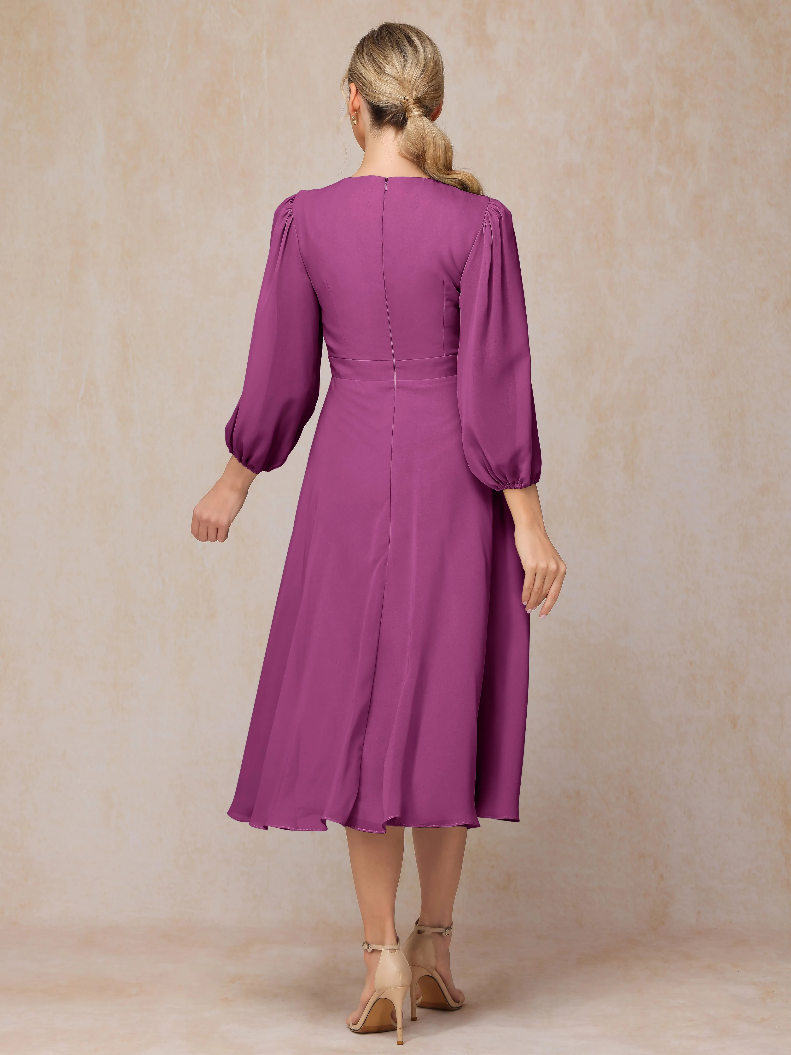 A-Line Long Sleeves Tea-Length Chiffon Mother of the Bride Dress