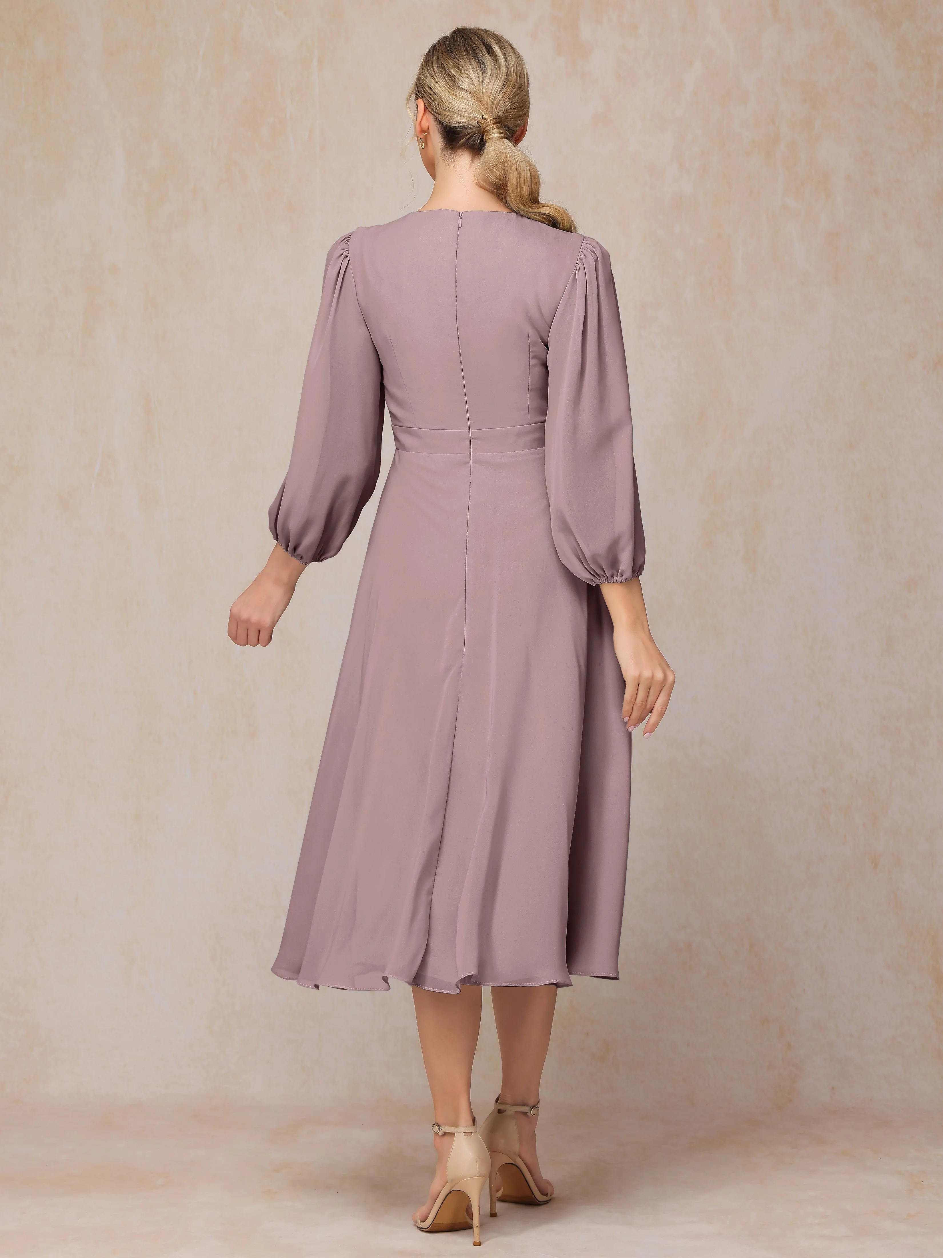 A-Line Long Sleeves Tea-Length Chiffon Mother of the Bride Dress